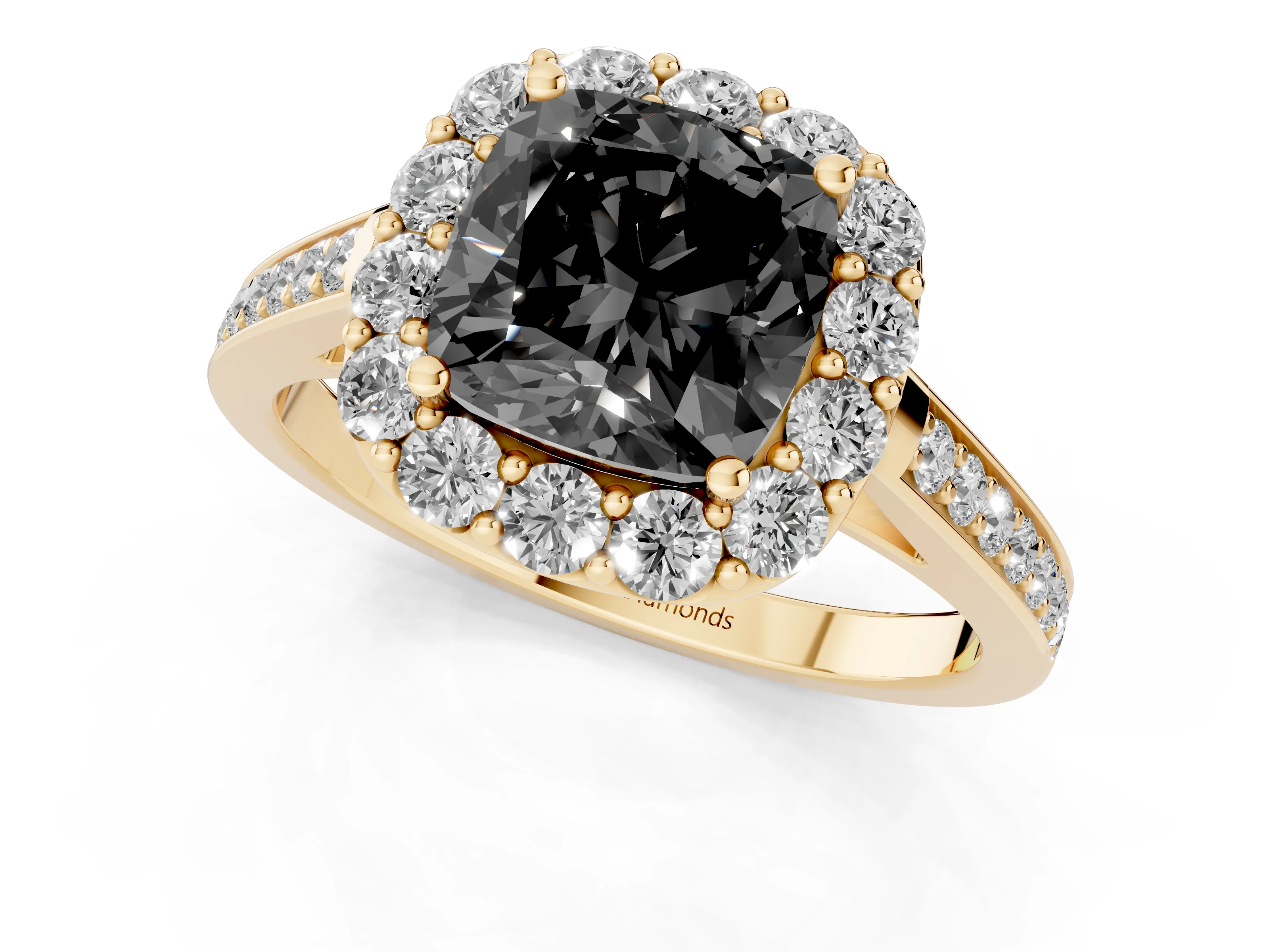 Fancy Black Cushion Cut Diamond Floral Halo Ring Set in Yellow gold with Pavé Band and Prong Setting