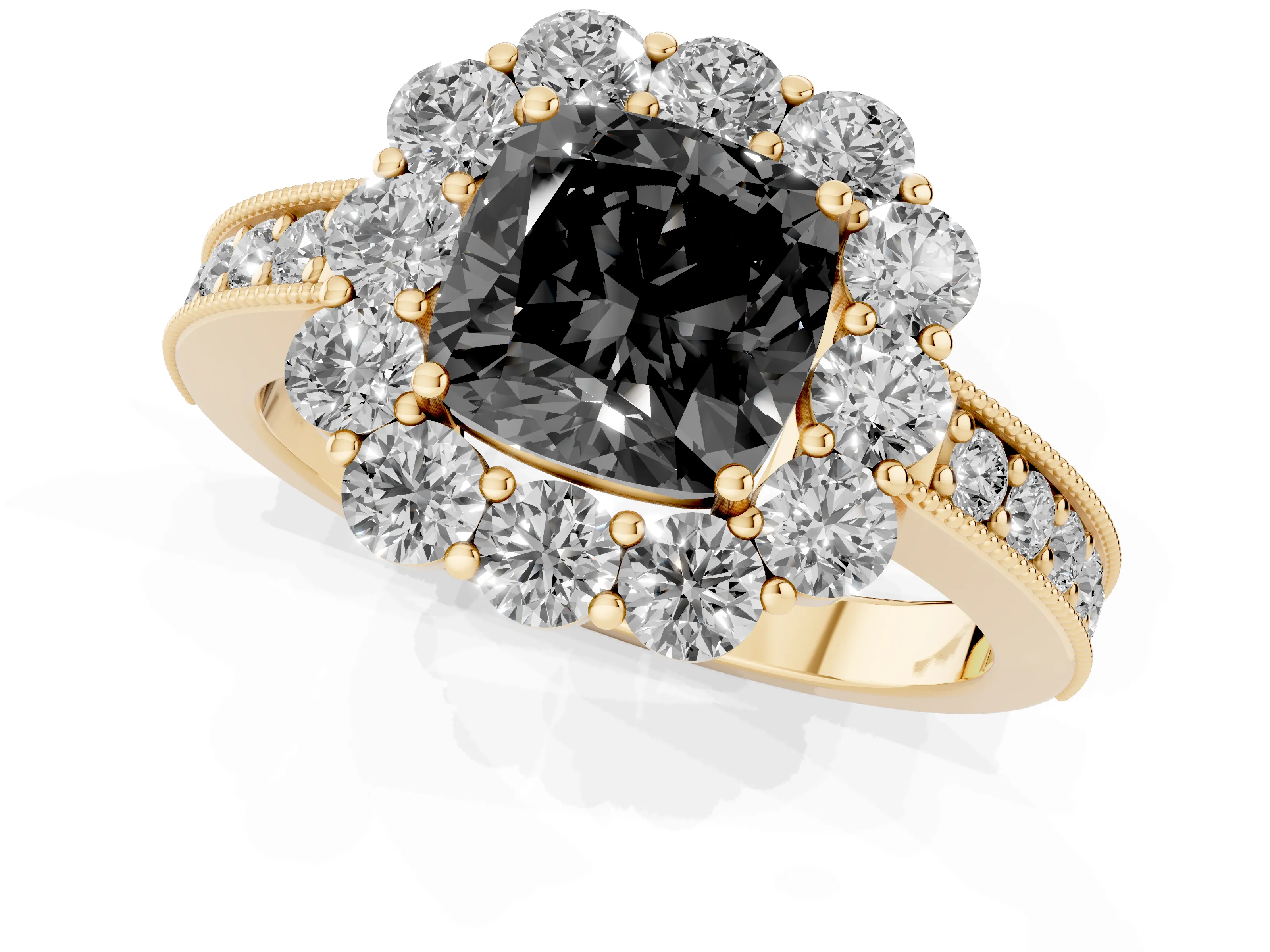 Fancy Black Cushion Cut Diamond Halo Pavé Engagement Ring Set in Yellow gold with Milgrain Detailing