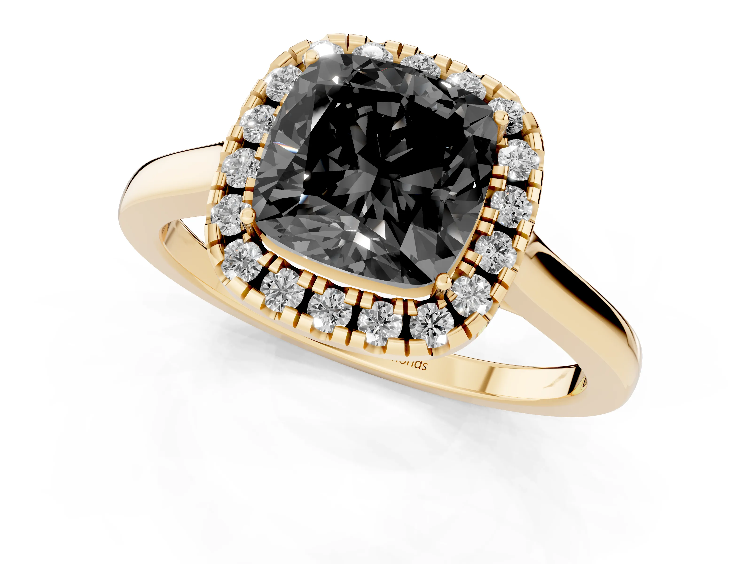 Fancy Black Cushion Cut Halo Round Diamond Solitaire Ring Set in Yellow gold with Pavé Band and Prong Setting
