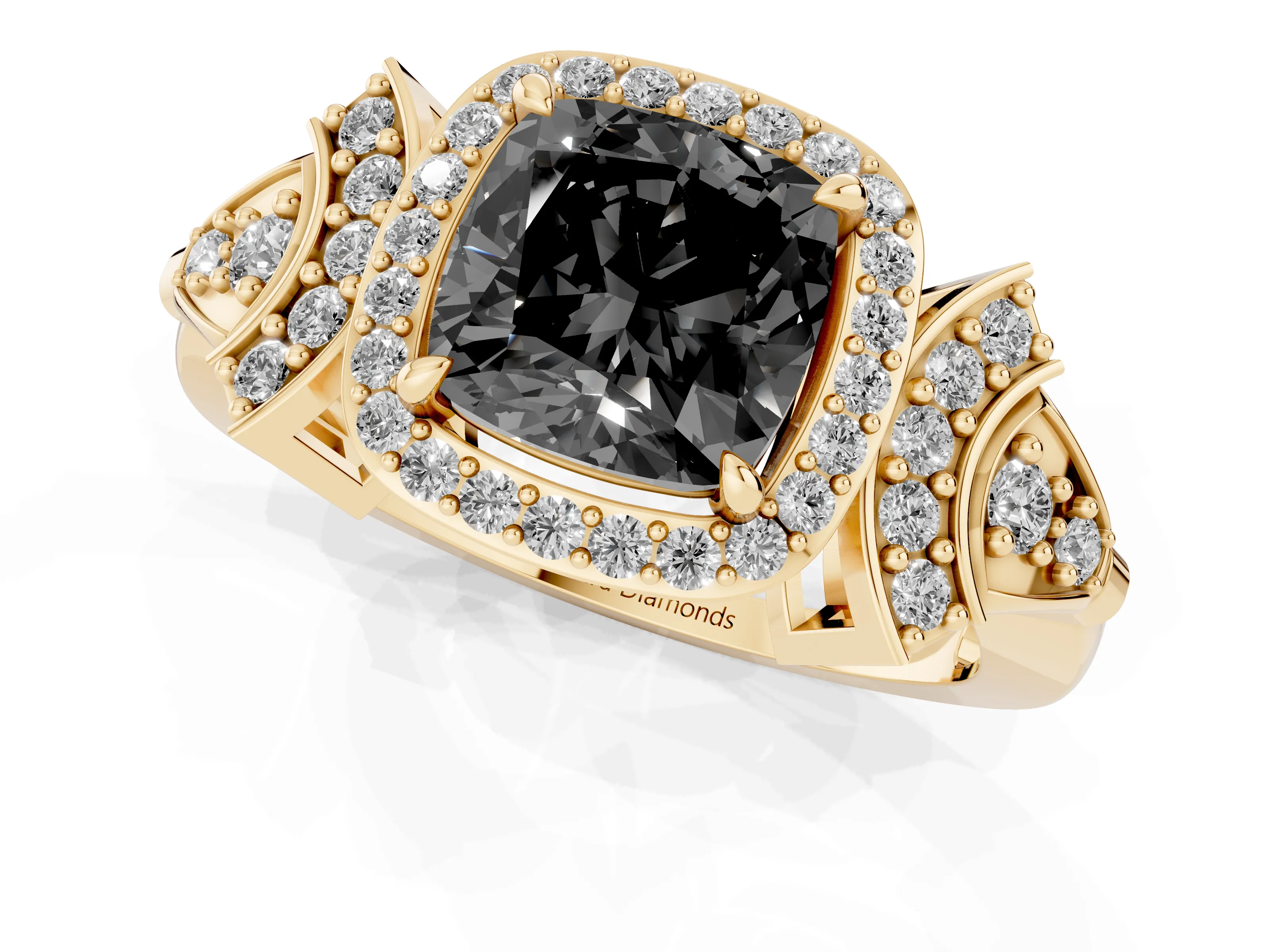 Fancy Black Cushion Cut Diamond Halo Engagement Ring Set in Yellow gold with Accent Stone Split Shank