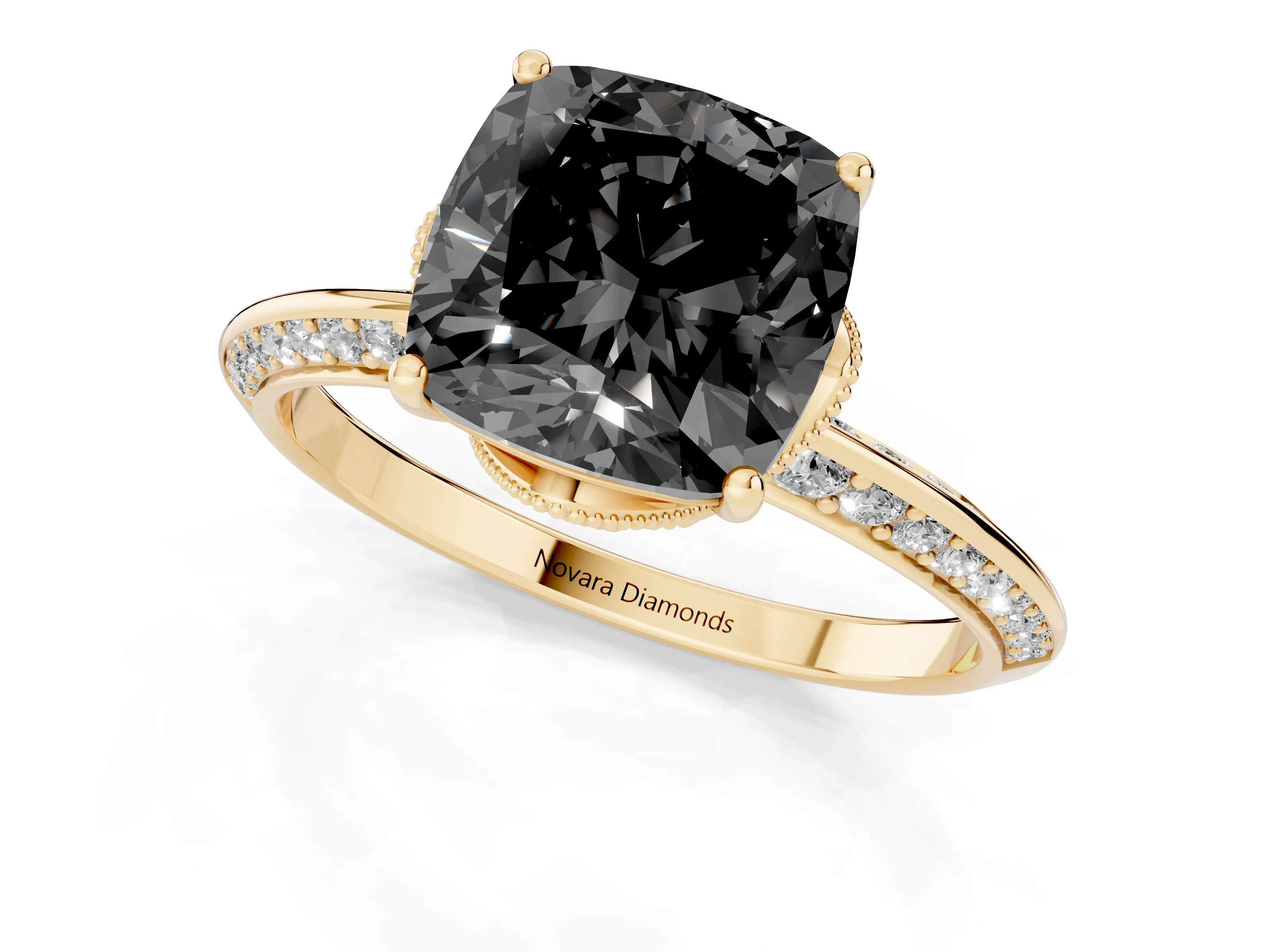 Fancy Black Cushion Cut Diamond Solitaire Engagement Ring Set in Yellow gold with Pavé Split Shank and Prong Setting
