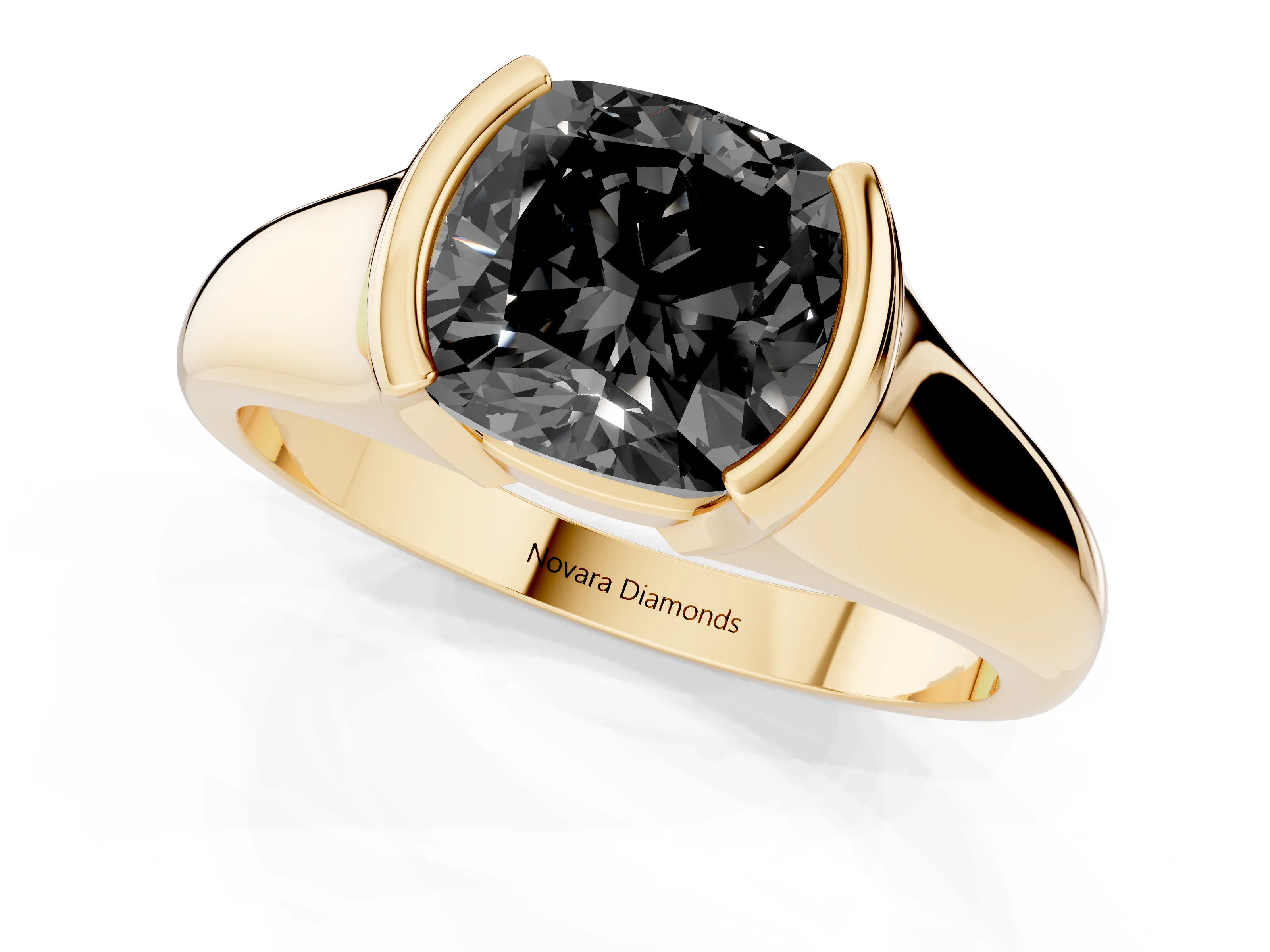 Fancy Black Cushion Cut Diamond Solitaire Tension Set Ring Set in Yellow gold with Split Shank Band