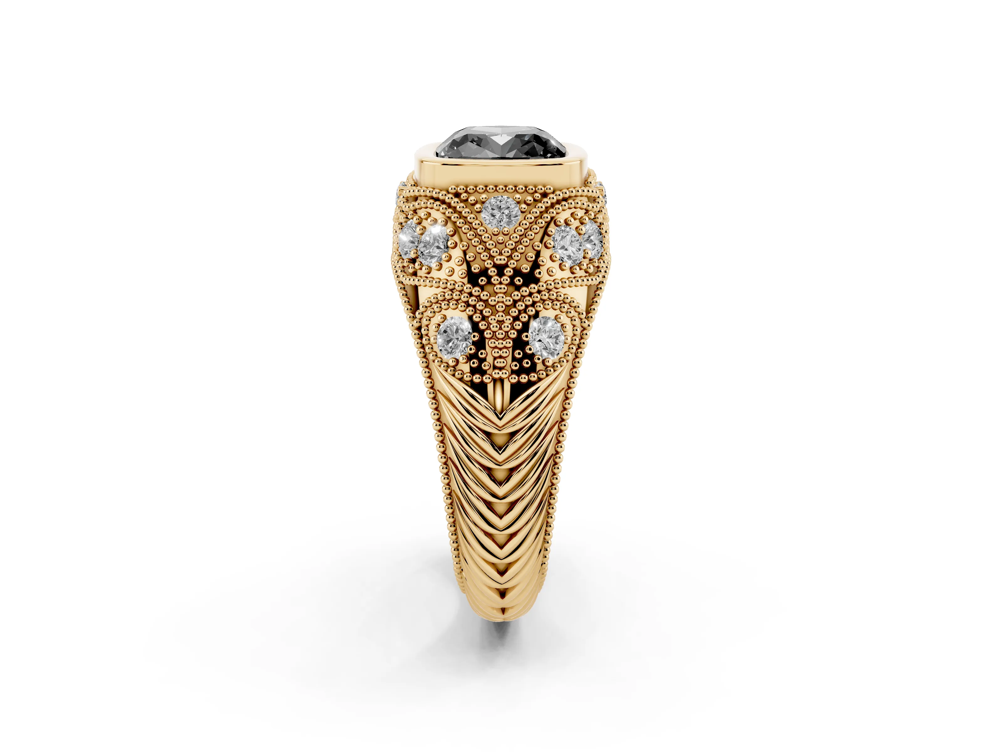 Fancy Black Cushion Cut Diamond Bezel Ring Set in Yellow gold with Milgrain Accent Band