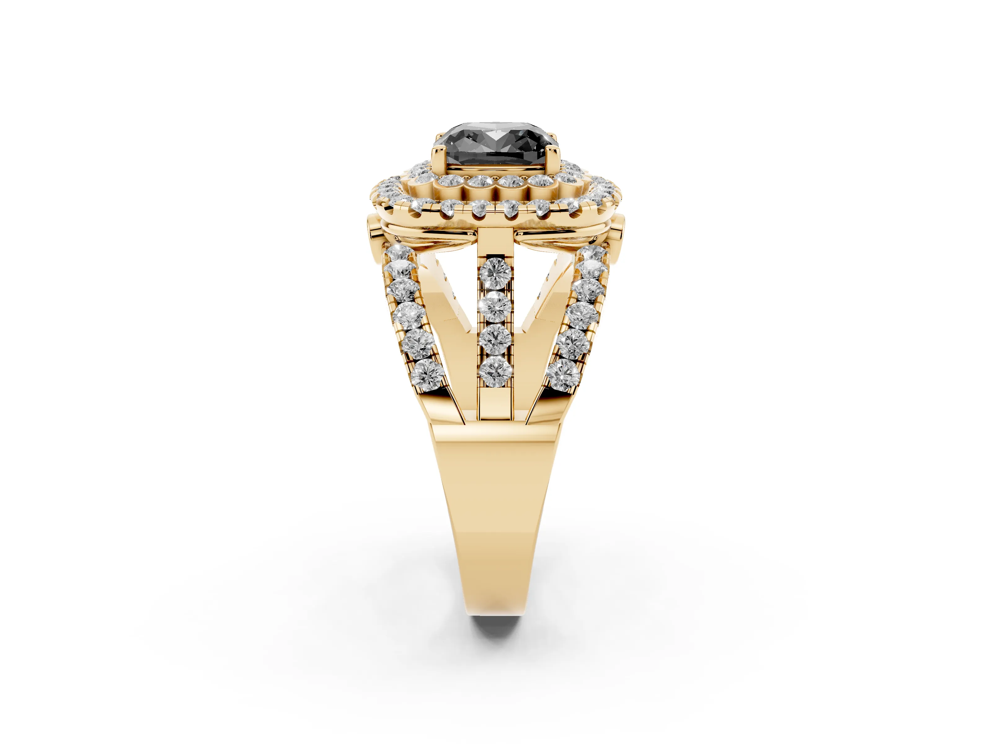 Fancy Black Cushion Cut Diamond Double Halo Ring Set in Yellow gold with Round Pavé Split Shank