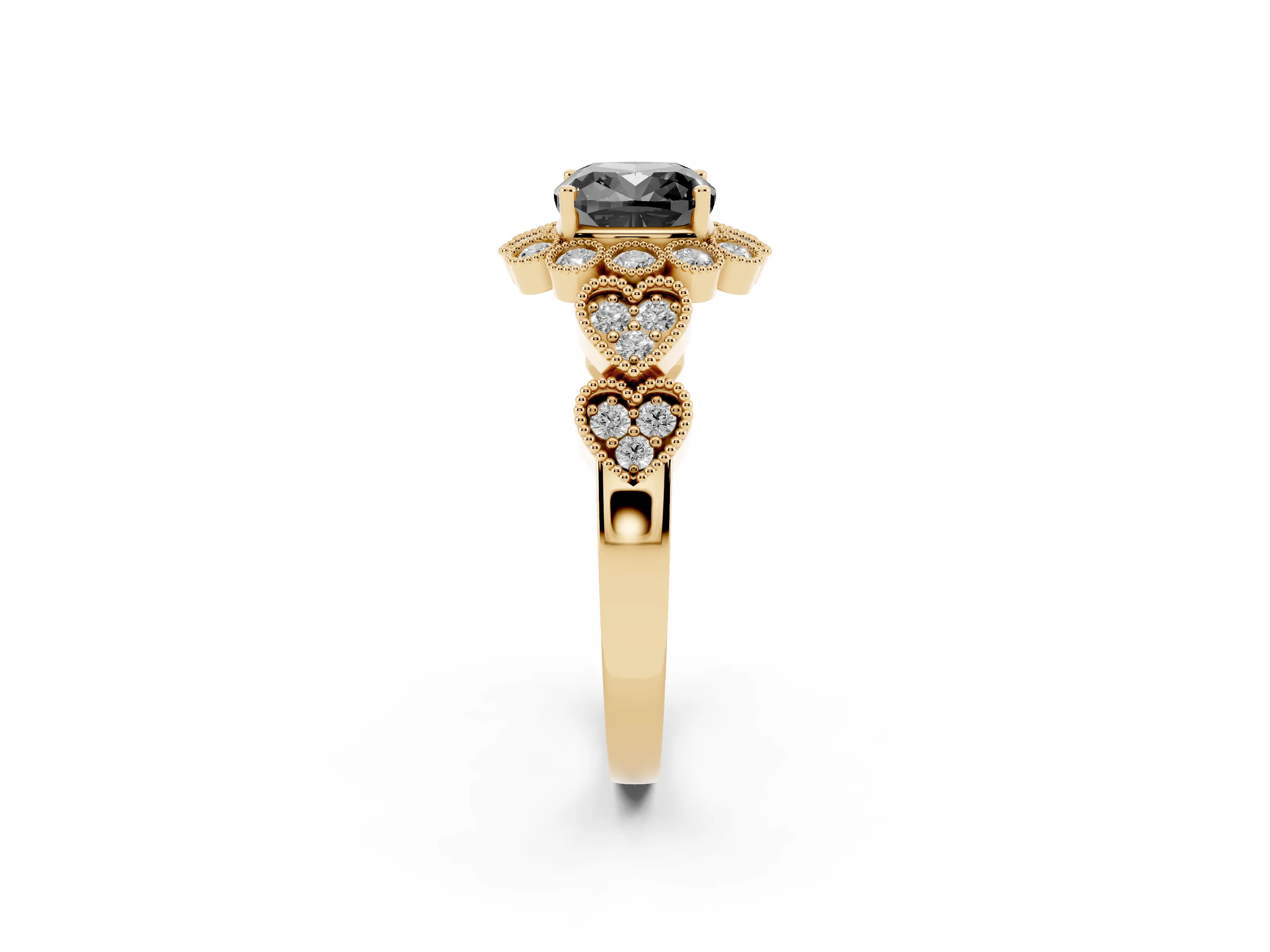 Fancy Black Cushion Cut Diamond Solitaire Ring Set in Yellow gold with Milgrain Pavé Heart Band