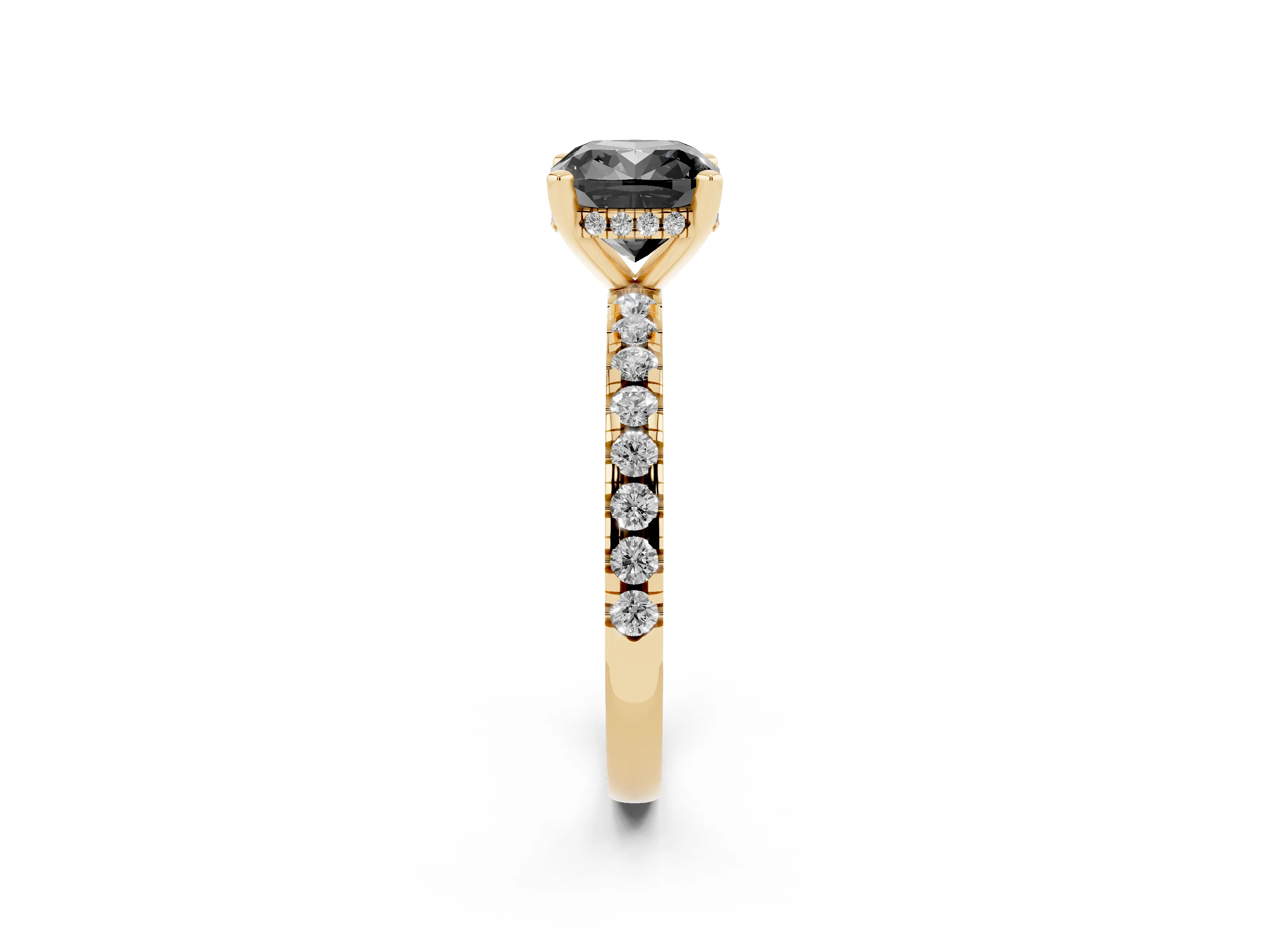 Fancy Black Cushion Cut Diamond Pavé Solitaire Ring Set in Yellow gold with Round Band Accents and Prong Setting