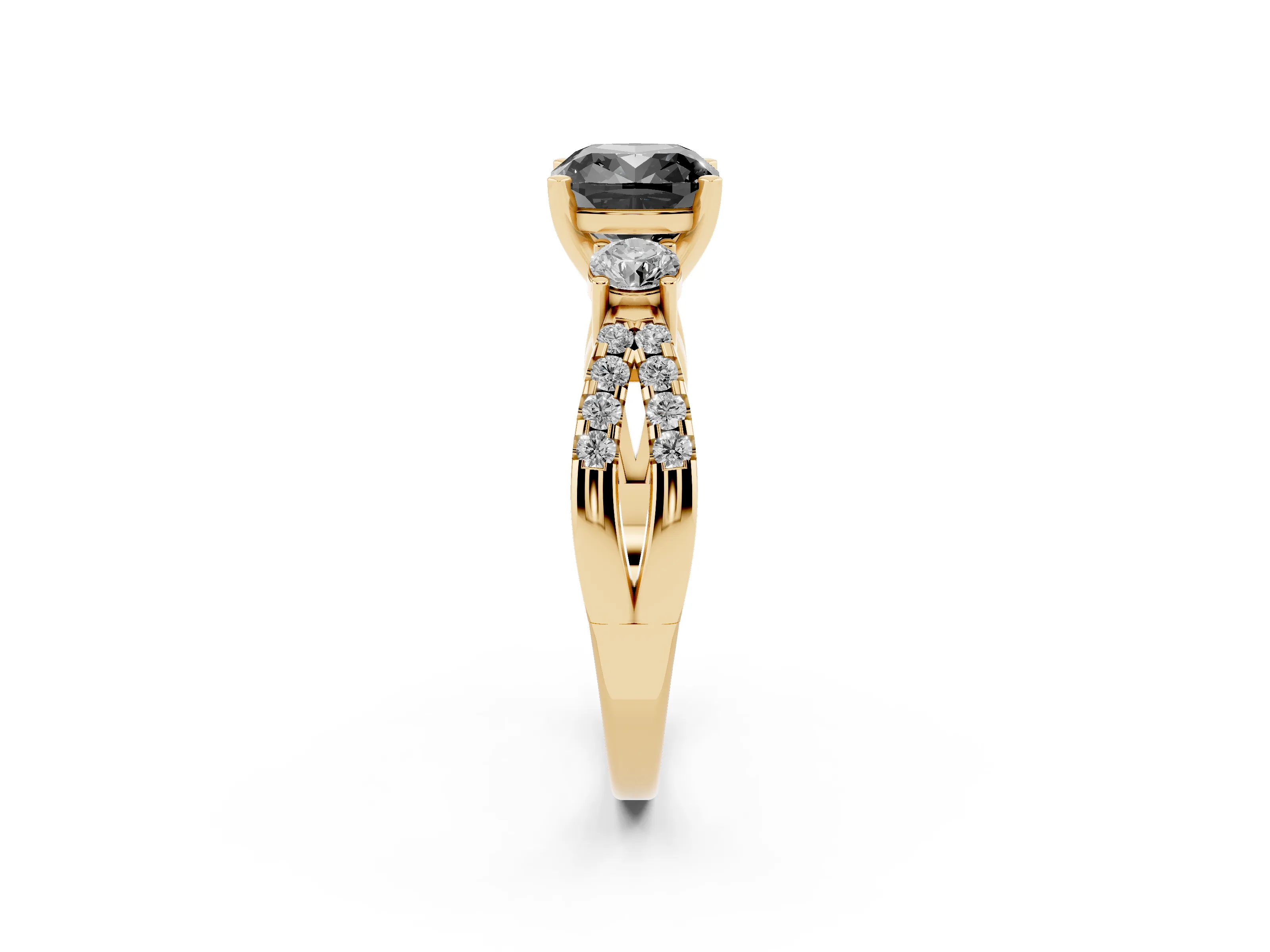 Fancy Black Cushion Cut Diamond Three-Stone Ring Set in Yellow gold with Pavé Split Shank and Prong Setting