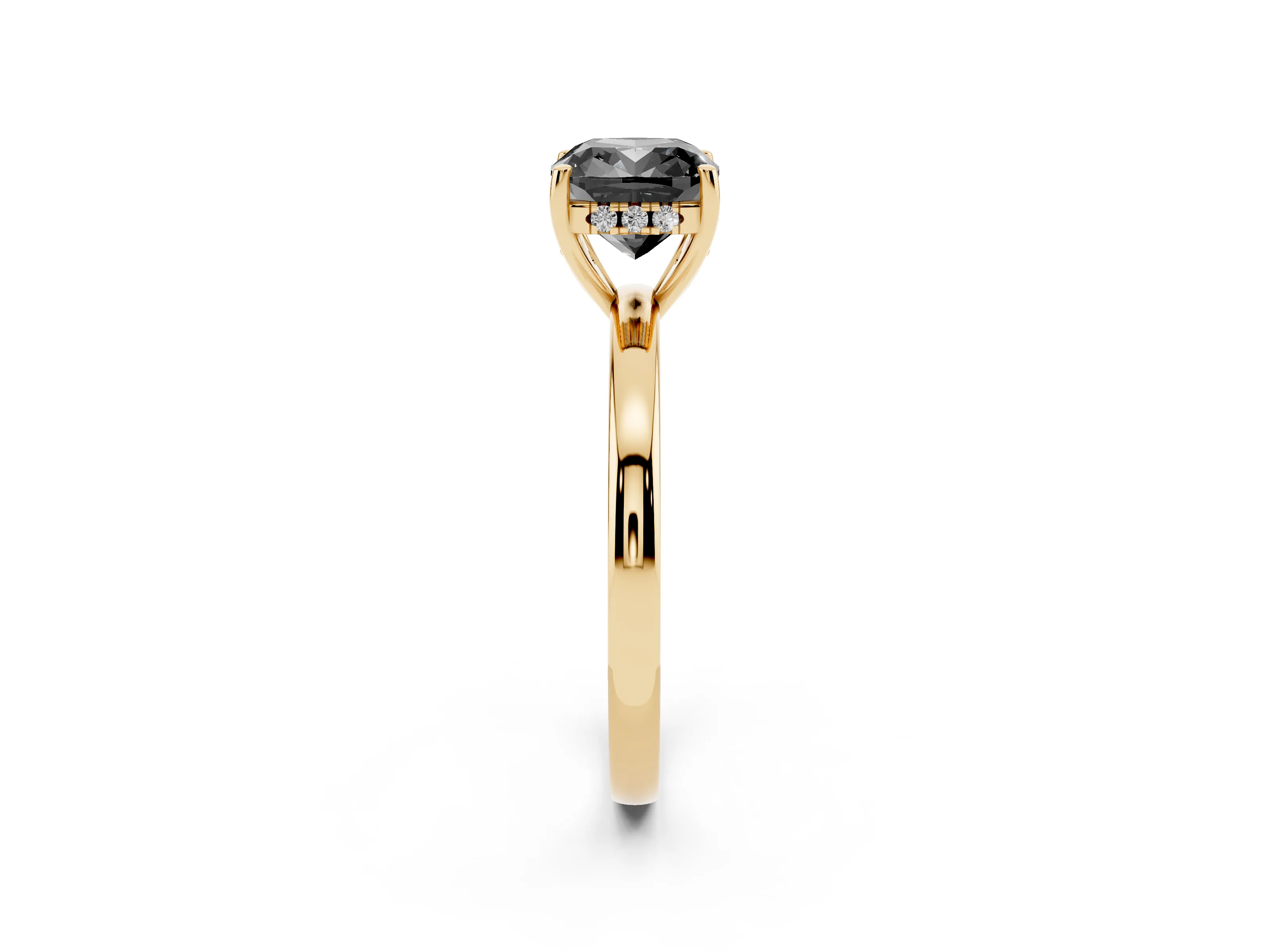 Fancy Black Cushion Cut Diamond Solitaire Ring Set in Yellow gold with Plain Band and Prong Setting