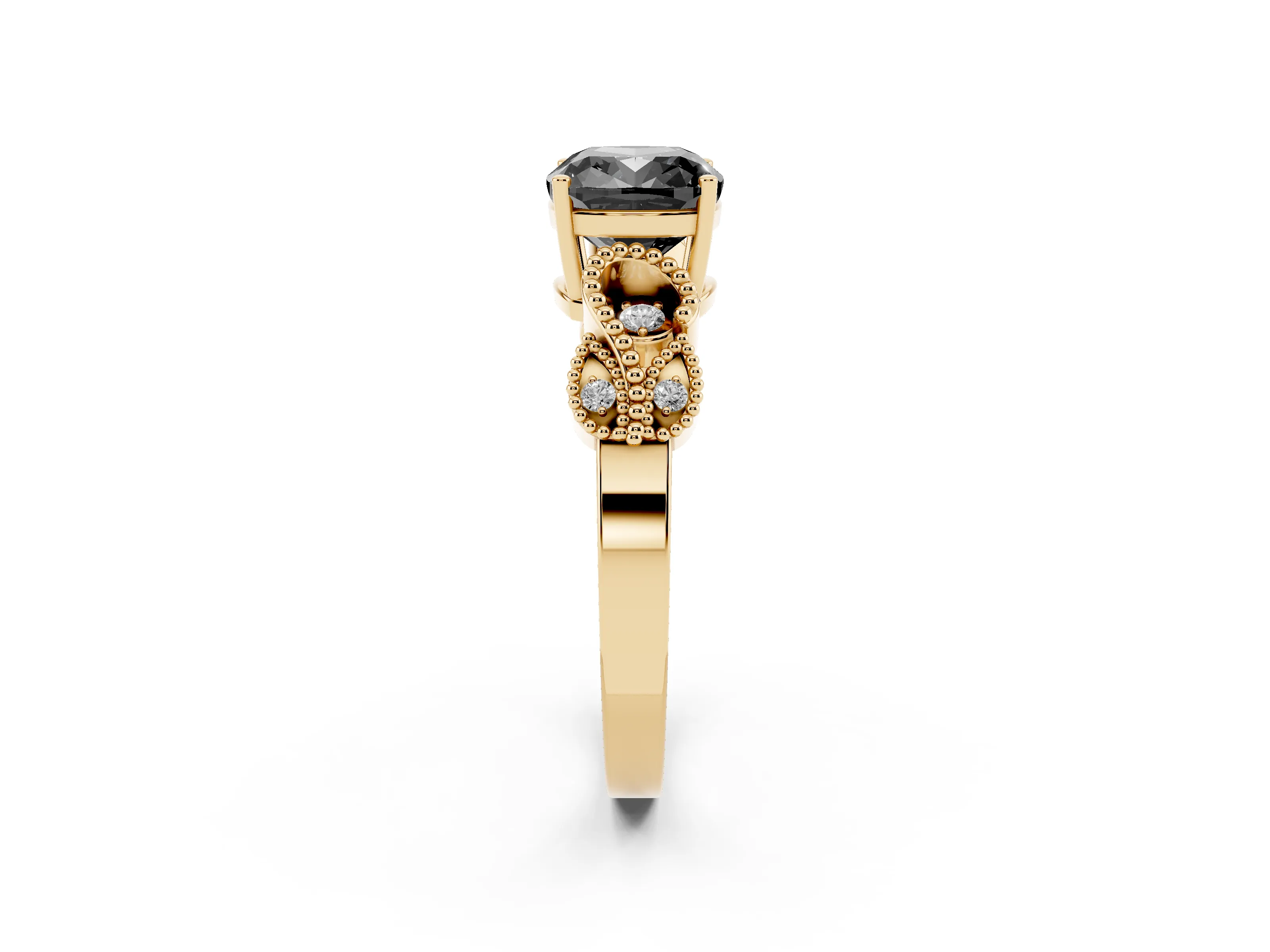 Fancy Black Cushion Cut Diamond Milgrain Leaf Band Solitaire Ring Set in Yellow gold with Accent Stones and Prong Setting