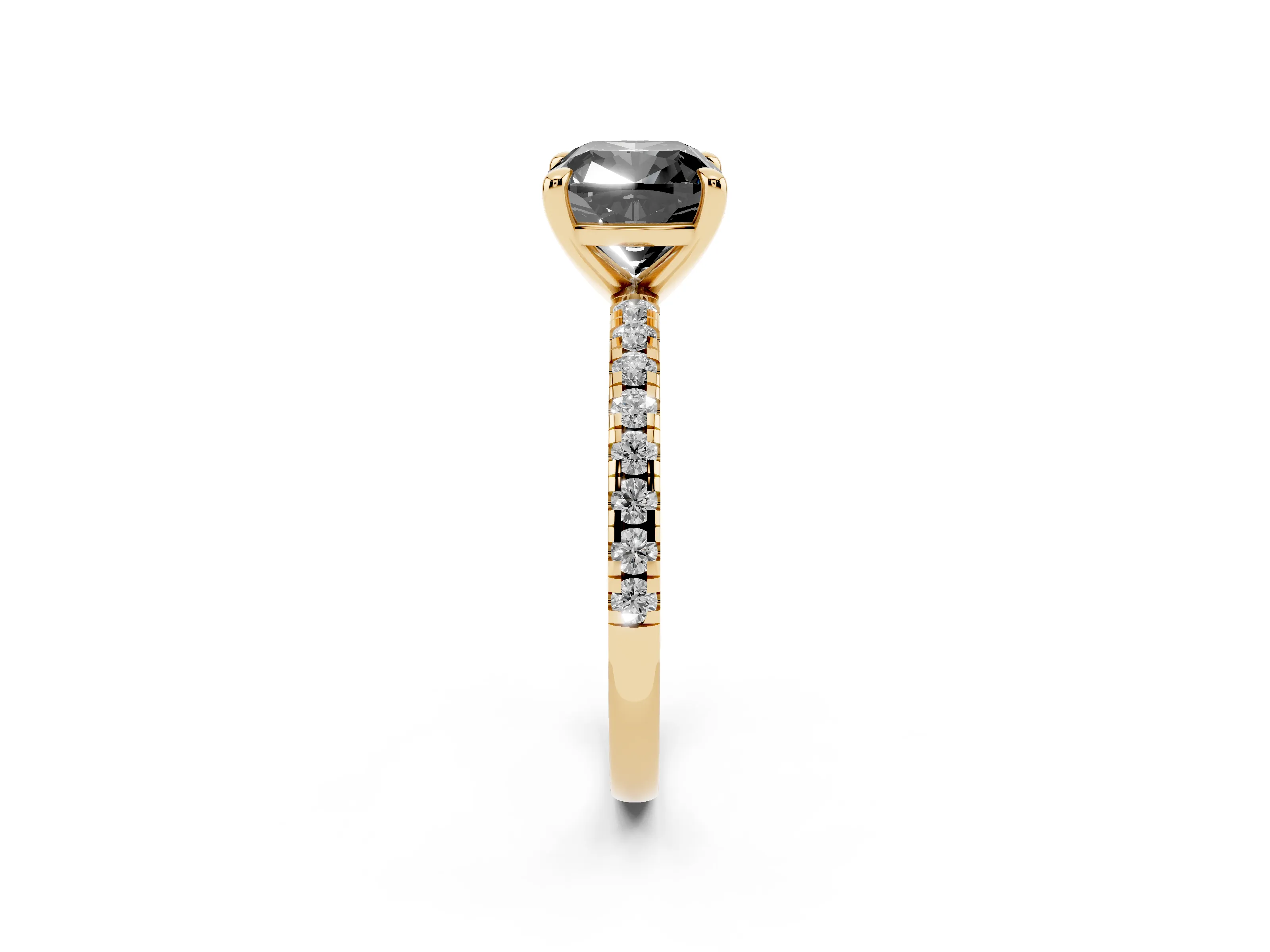 Fancy Black Cushion Cut Diamond Brilliant Solitaire Ring Set in Yellow gold with Pavé Band and Prong Setting