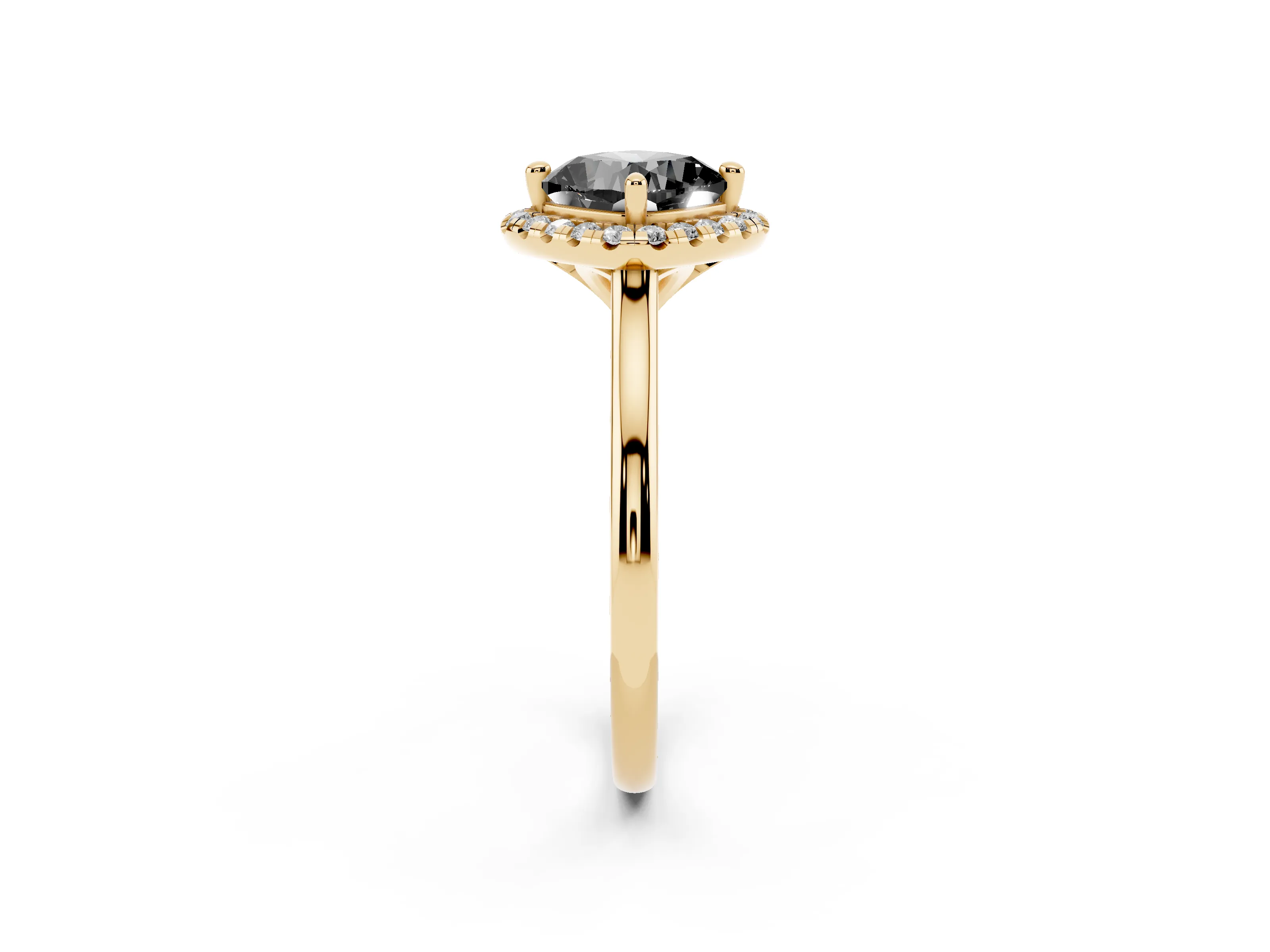 Fancy Black Cushion Cut Diamond Halo Engagement Ring Set in Yellow gold with Pavé Band and Rising Shoulders