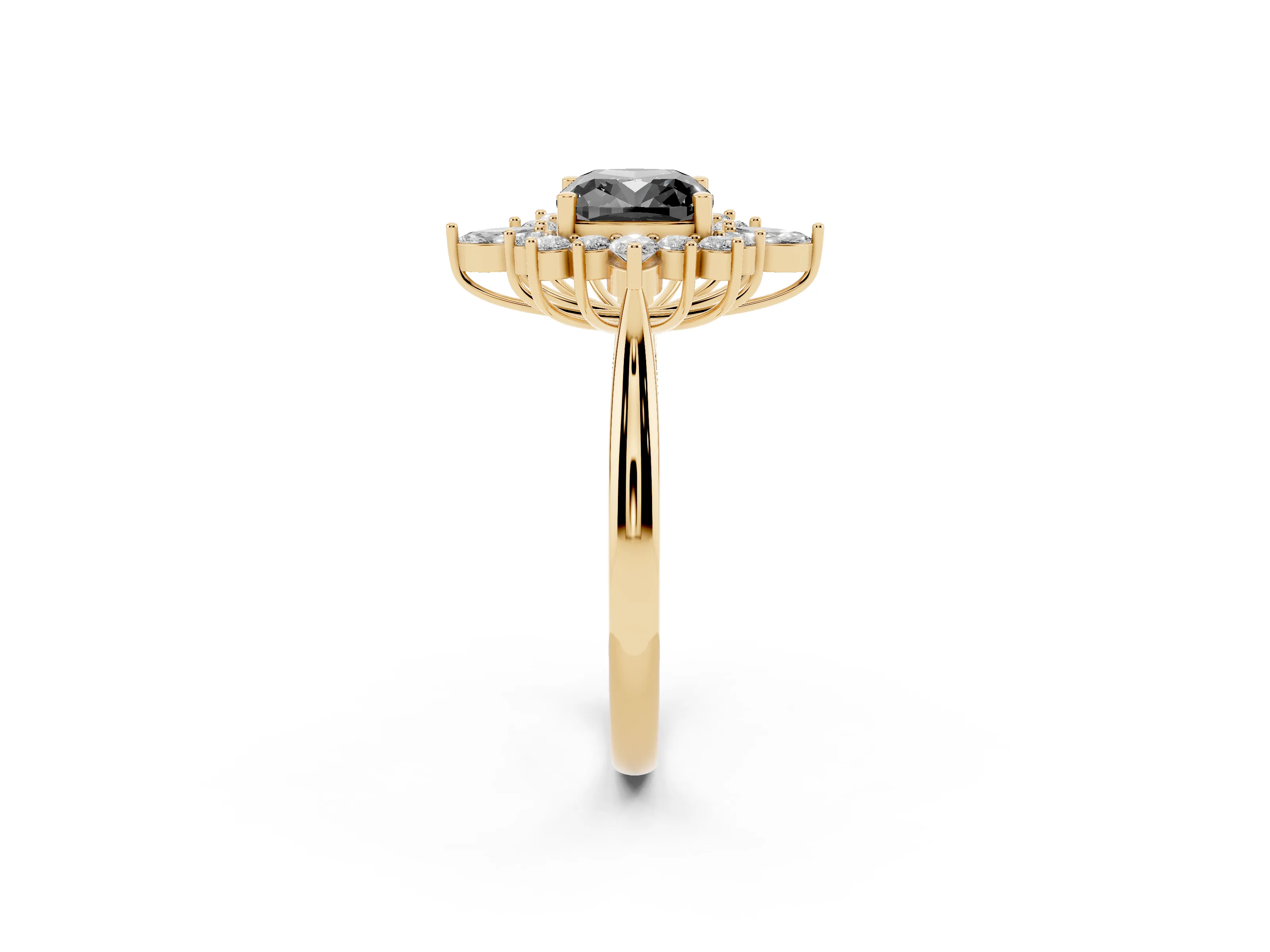 Fancy Black Cushion Cut Diamond Cluster Halo Ring Set in Yellow gold with Marquise and Round Accents