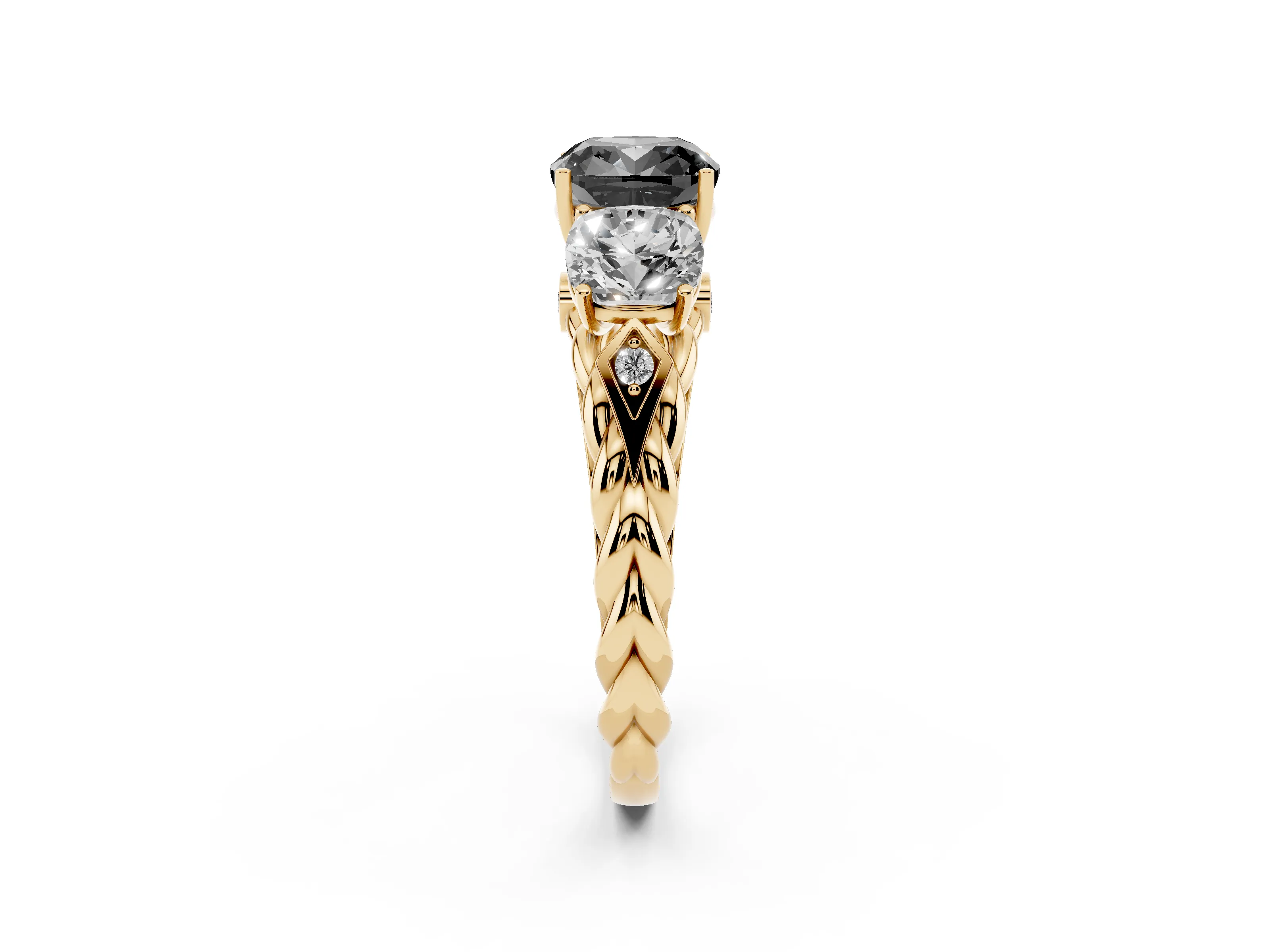 Fancy Black Cushion Cut Diamond Three-Stone Ring Set in Yellow gold with Braided Band