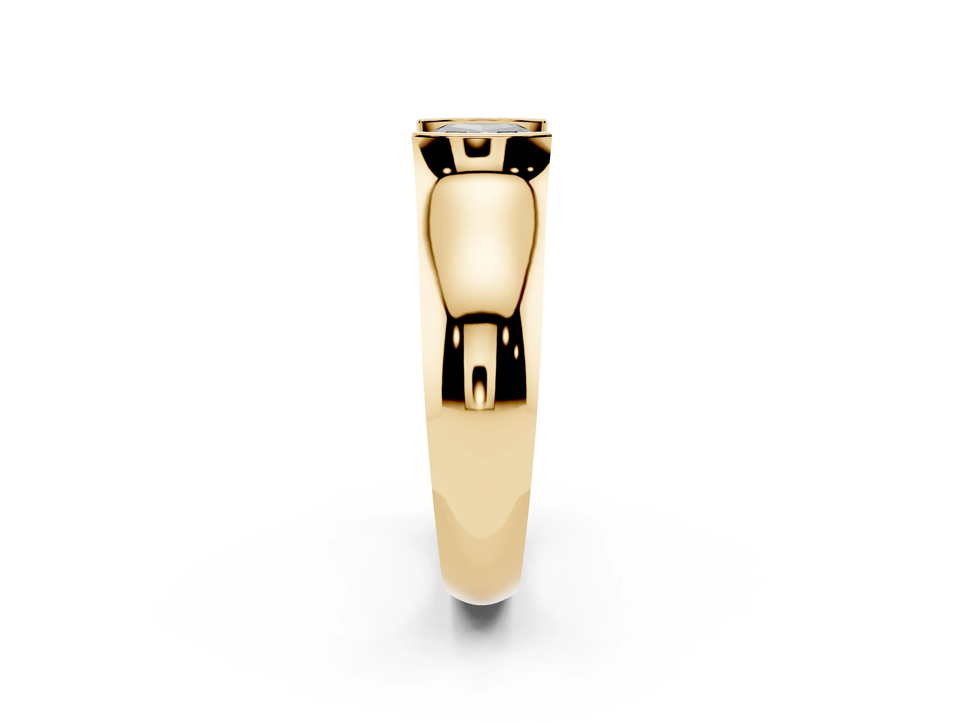 Fancy Black Cushion Cut Diamond Bezel Solitaire Ring Set in Yellow gold with Wide Band