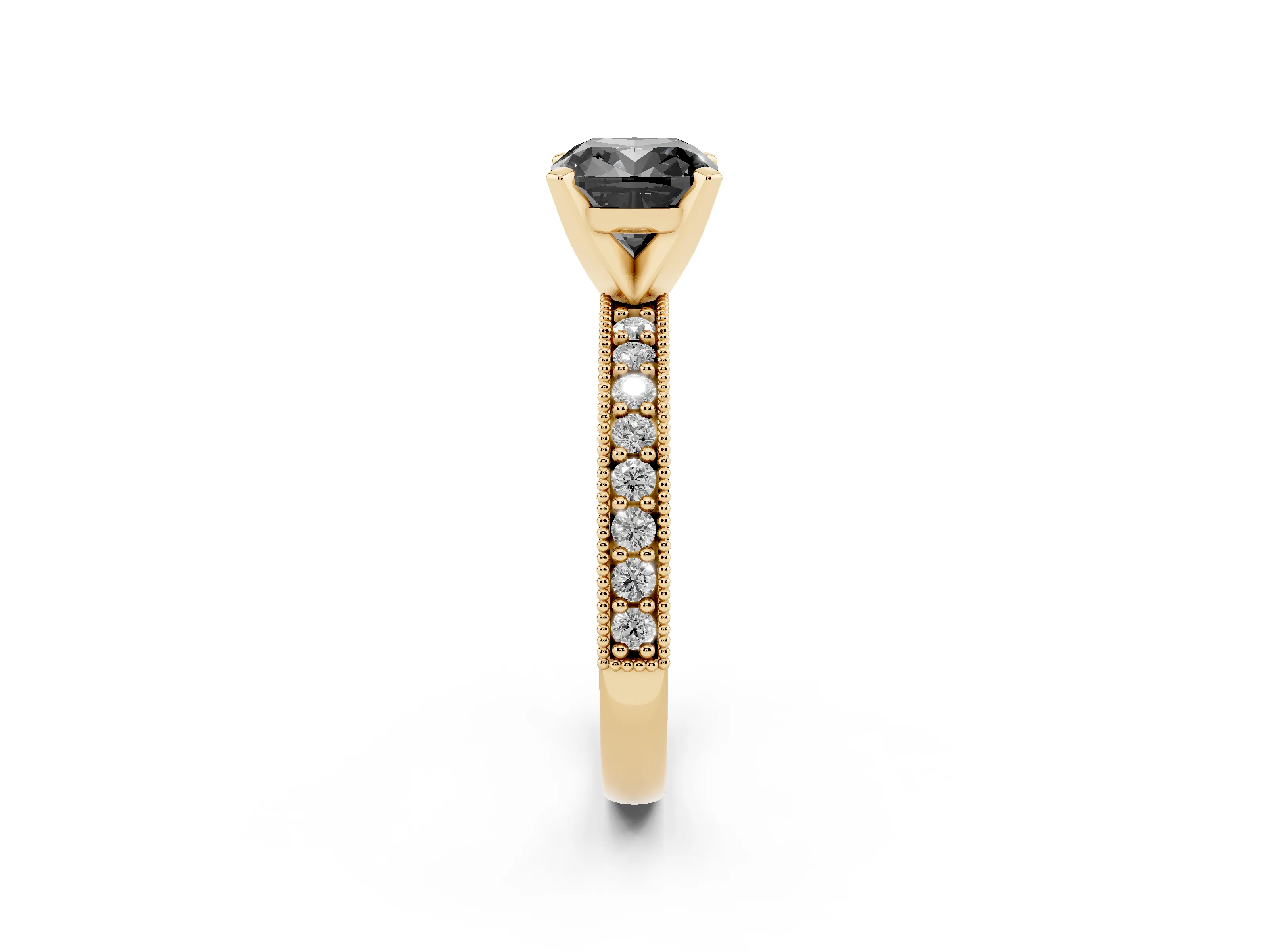 Fancy Black Cushion Cut Diamond Milgrain Pavé Engagement Ring Set in Yellow gold with Prong Setting