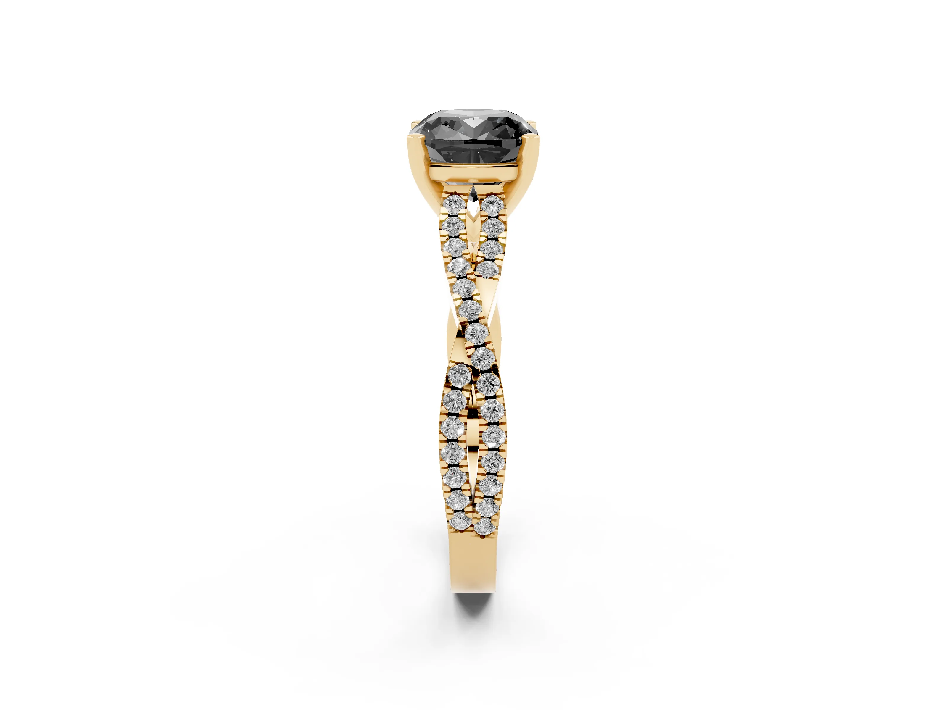 Fancy Black Cushion Cut Diamond Solitaire Engagement Ring Set in Yellow gold with Twisted Pavé Band and Prong Setting