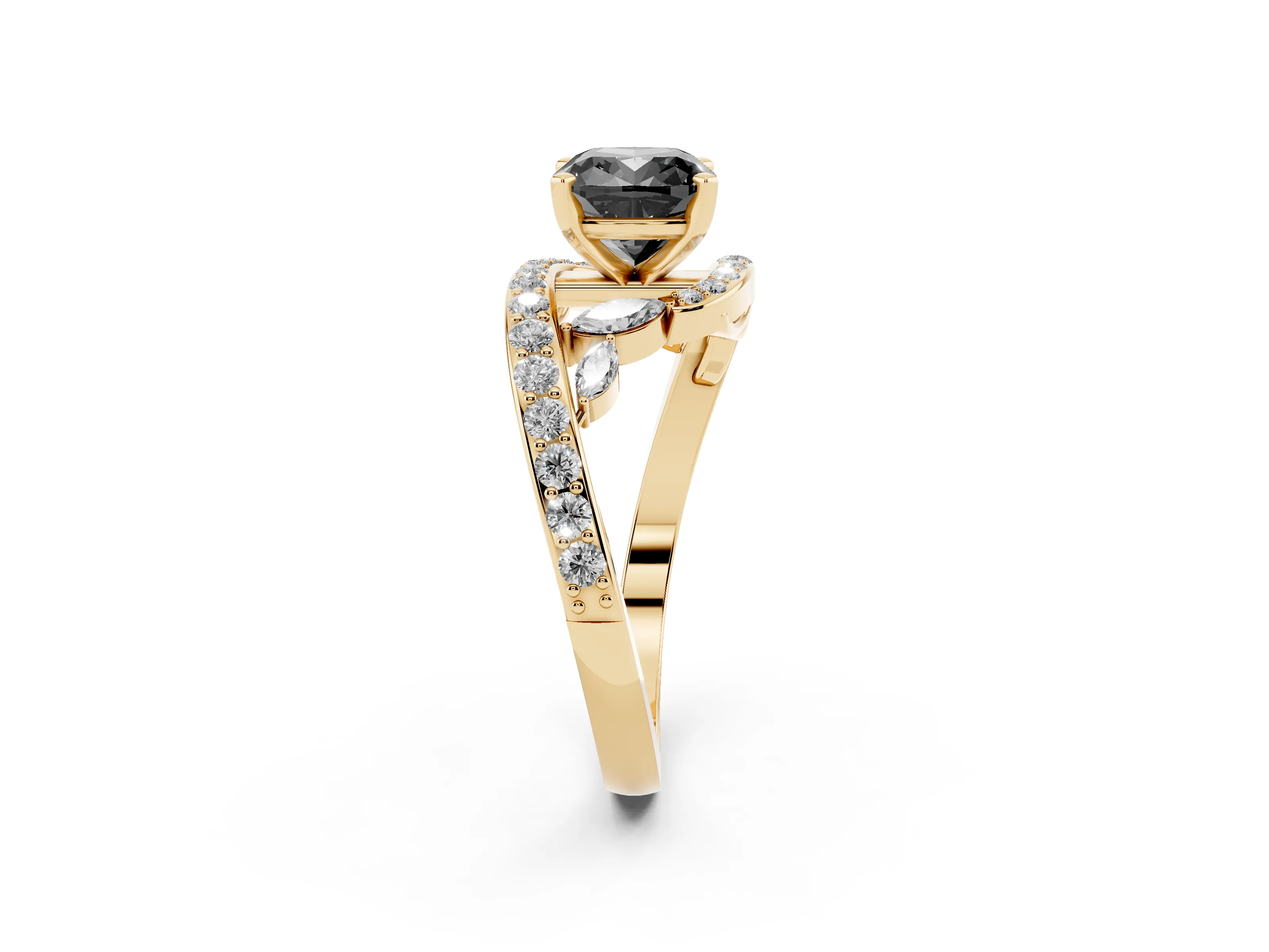 Fancy Black Cushion Cut Diamond Solitaire Ring Set in Yellow gold with Filigree Band and Prong Setting