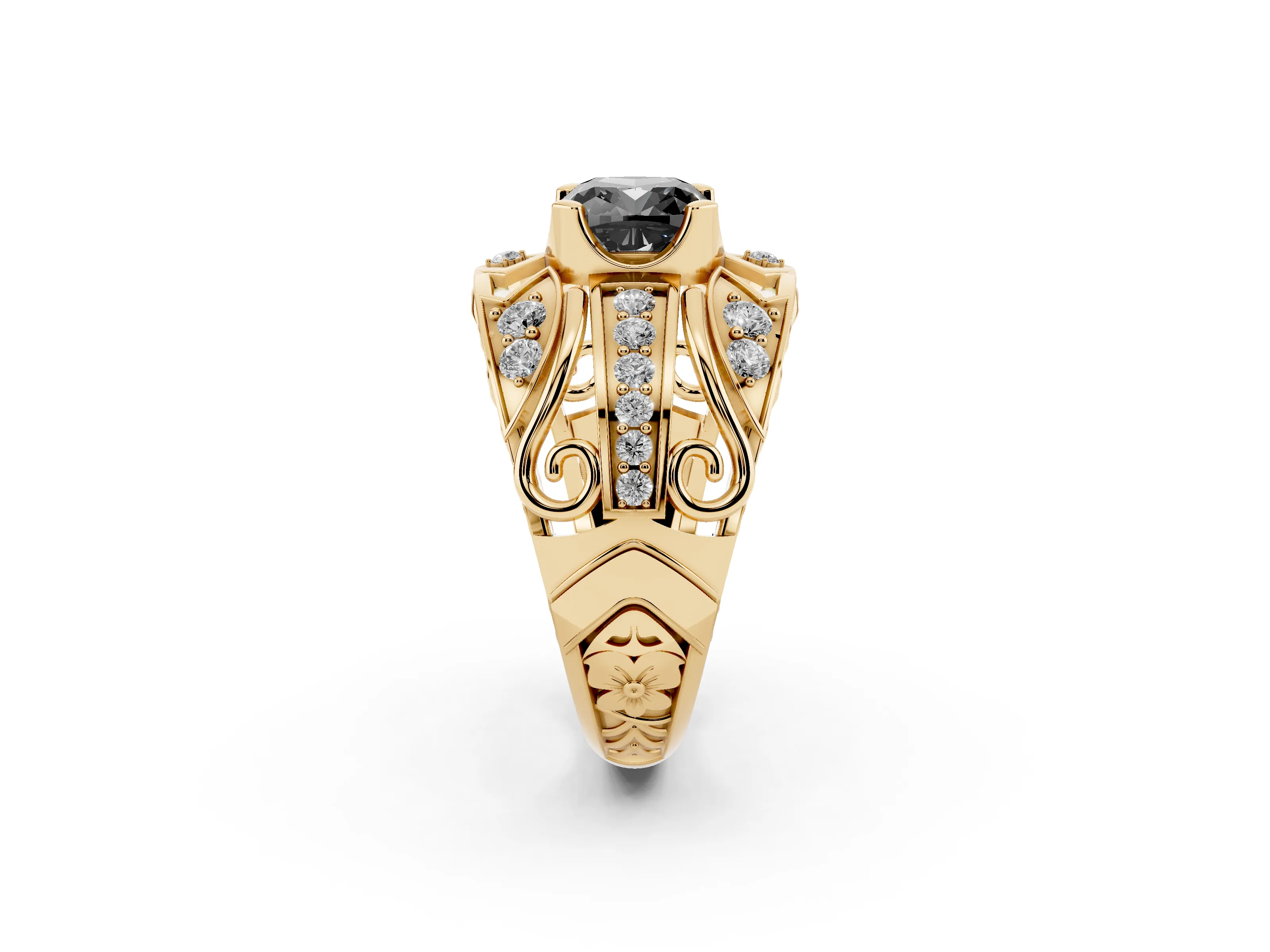 Fancy Black Cushion Cut Diamond Art Deco Ring Set in Yellow gold with Pavé Split Shank