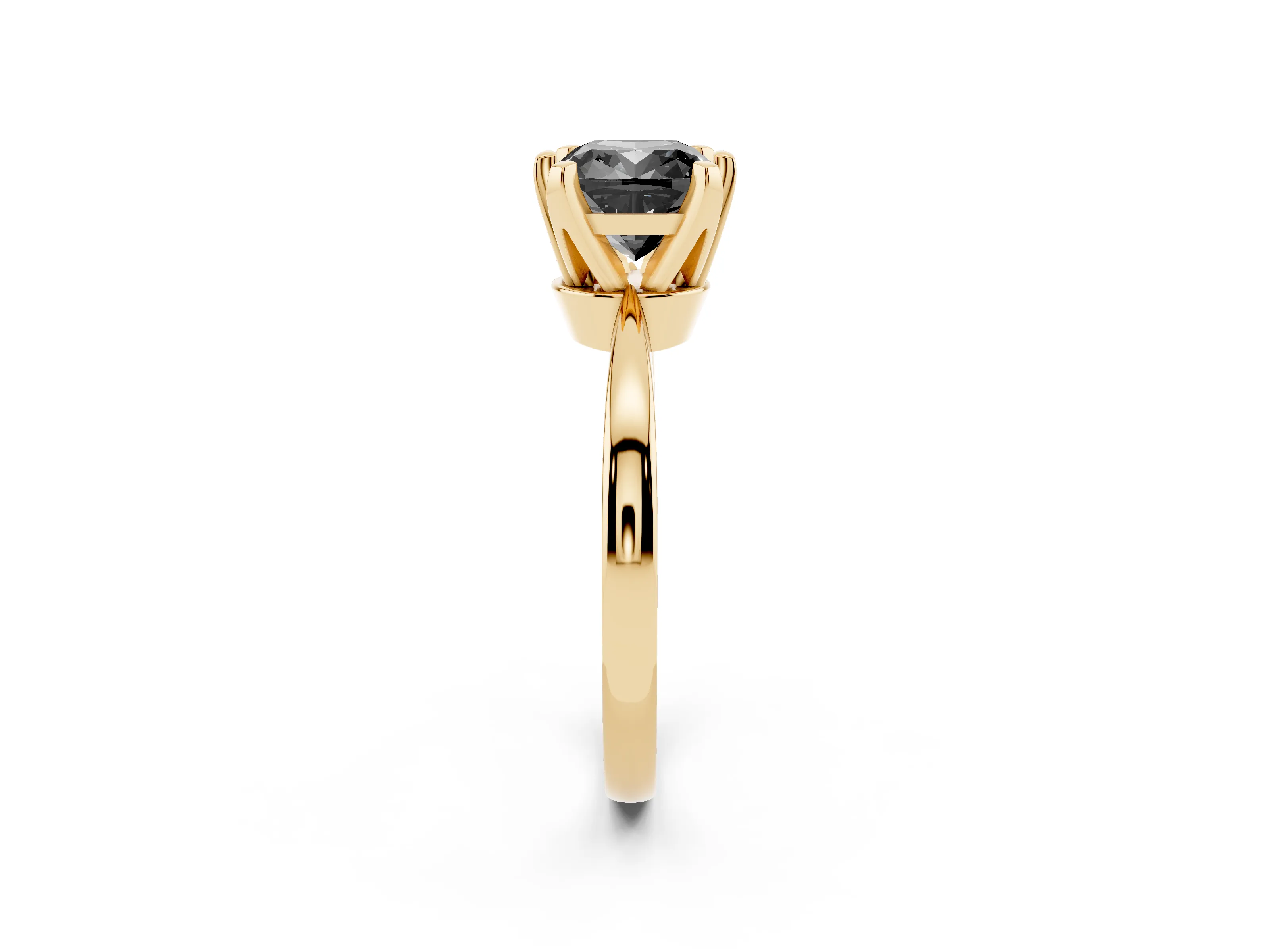 Fancy Black Cushion Cut Diamond Solitaire Engagement Ring Set in Yellow gold with Slim Tapered Solitaire Band