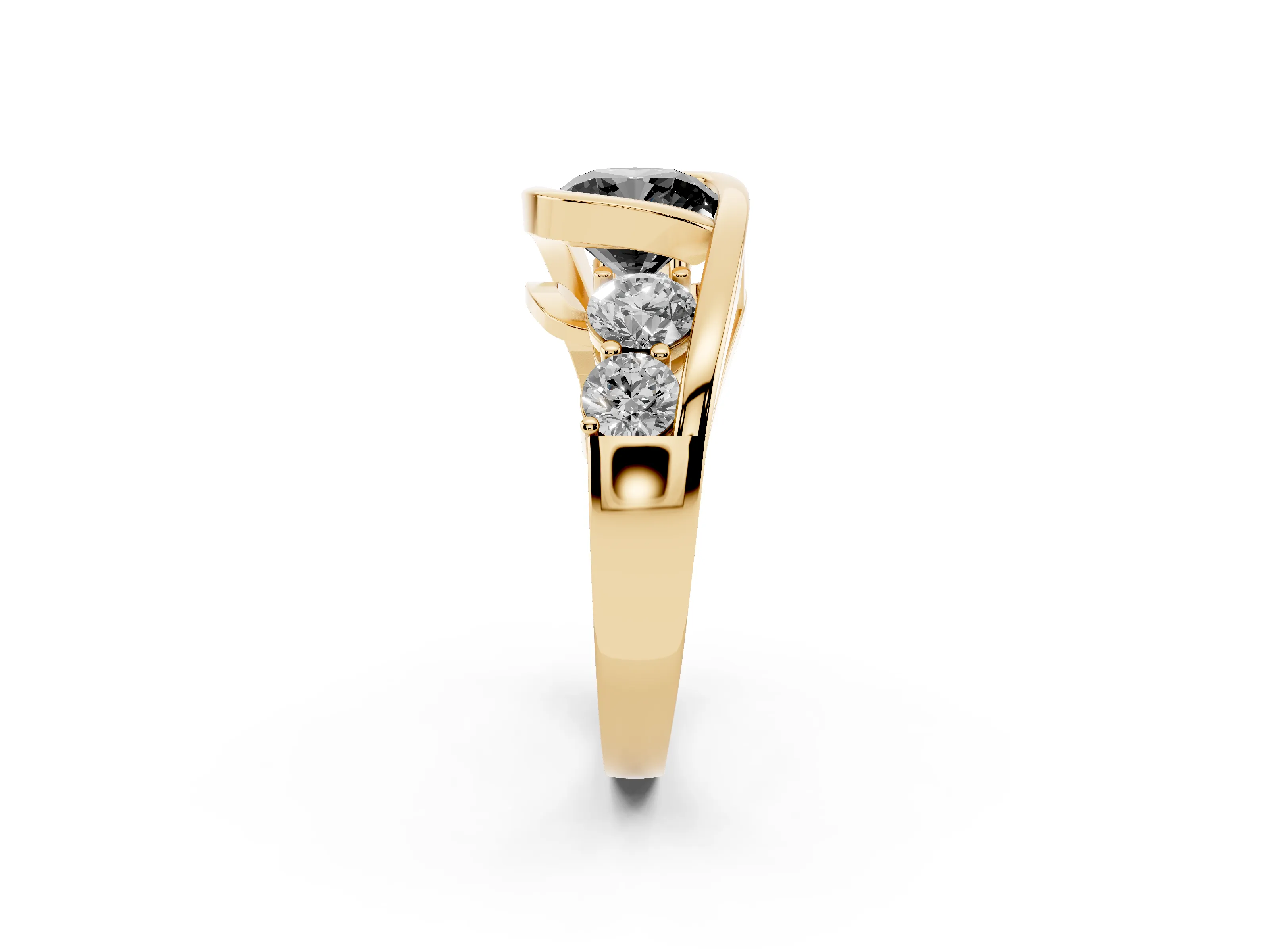 Fancy Black Cushion Cut Diamond Bezel Bypass Ring Set in Yellow gold with Round Accents