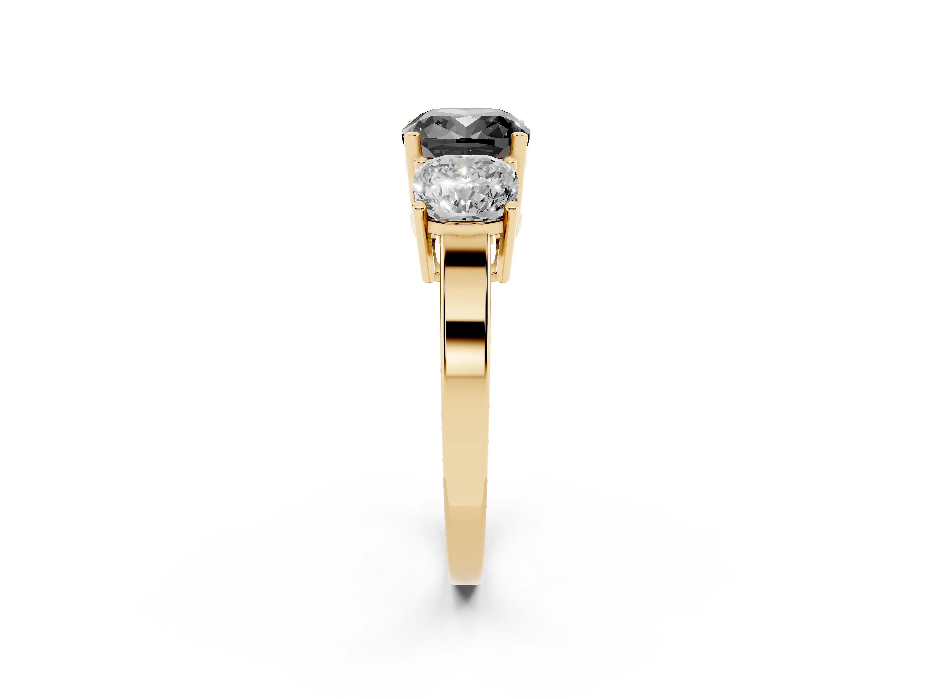 Fancy Black Cushion Cut Diamond Three-Stone Engagement Ring Set in Yellow gold with Flat Band