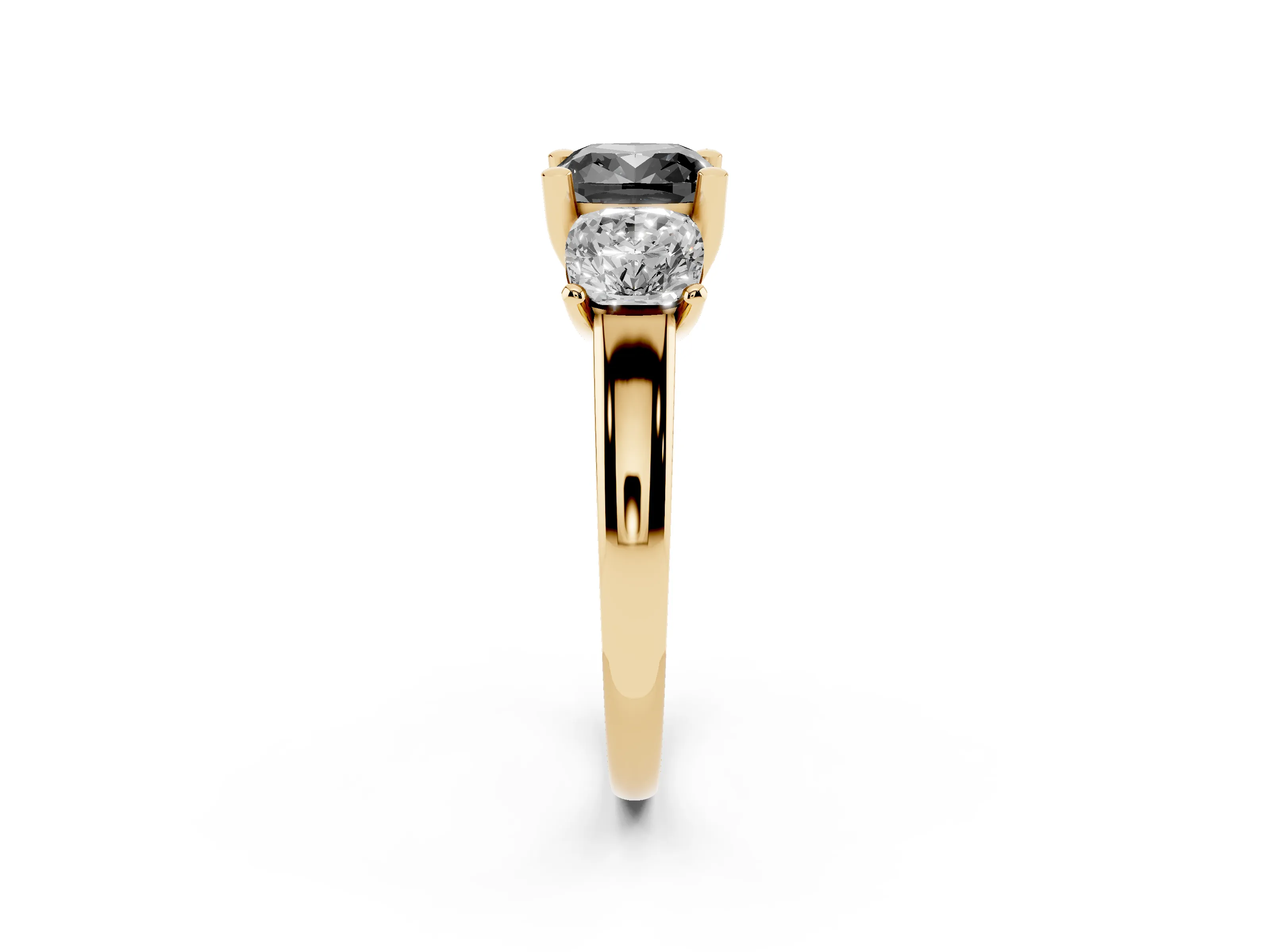 Fancy Black Cushion Cut Diamond Three-Stone Ring Set in Yellow gold with Classic Prong Setting and Plain Band