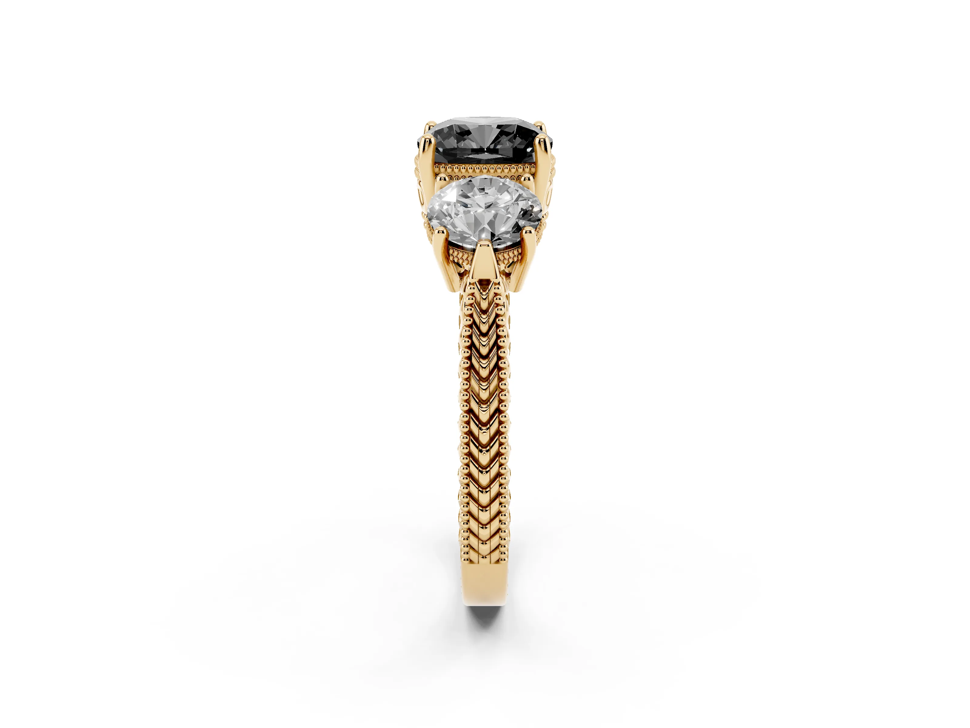 Fancy Black Cushion Cut Diamond Three-Stone Ring Set in Yellow gold with Milgrain Band