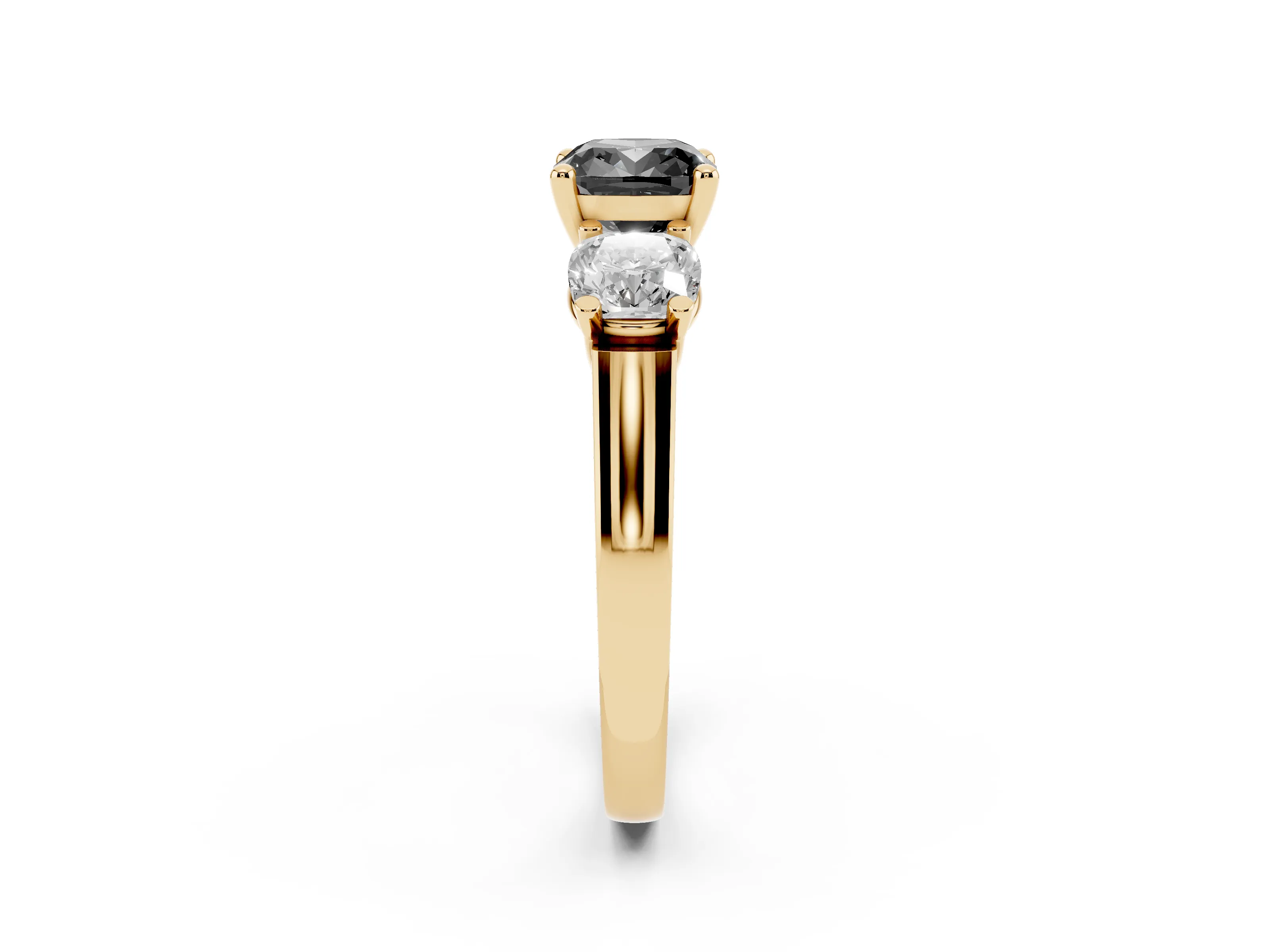 Fancy Black Cushion Cut Diamond Three-Stone Trellis Ring Set in Yellow gold with Comfort Fit Band
