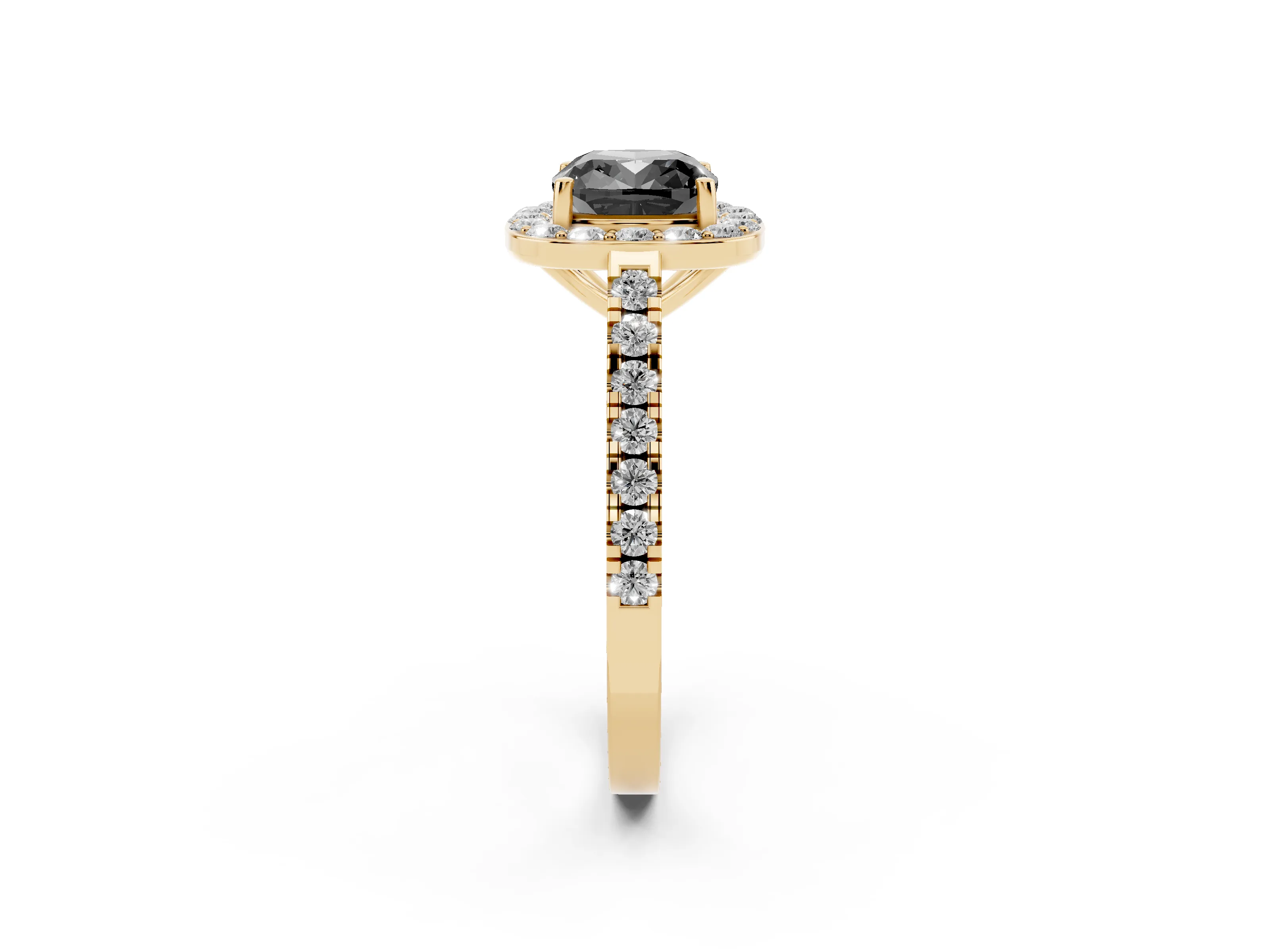 Fancy Black Cushion Cut Diamond Halo Ring Set in Yellow gold with Round Pavé Split Shank and Prong Setting