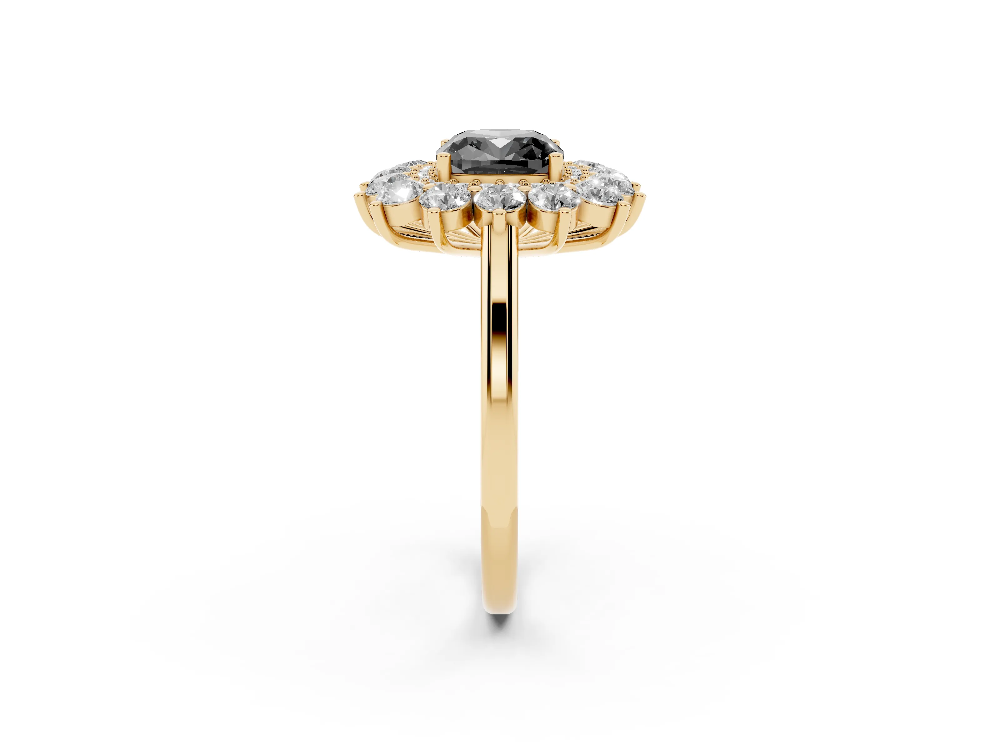 Fancy Black Cushion Cut Diamond Floral Double Halo Ring Set in Yellow gold with Round Petals