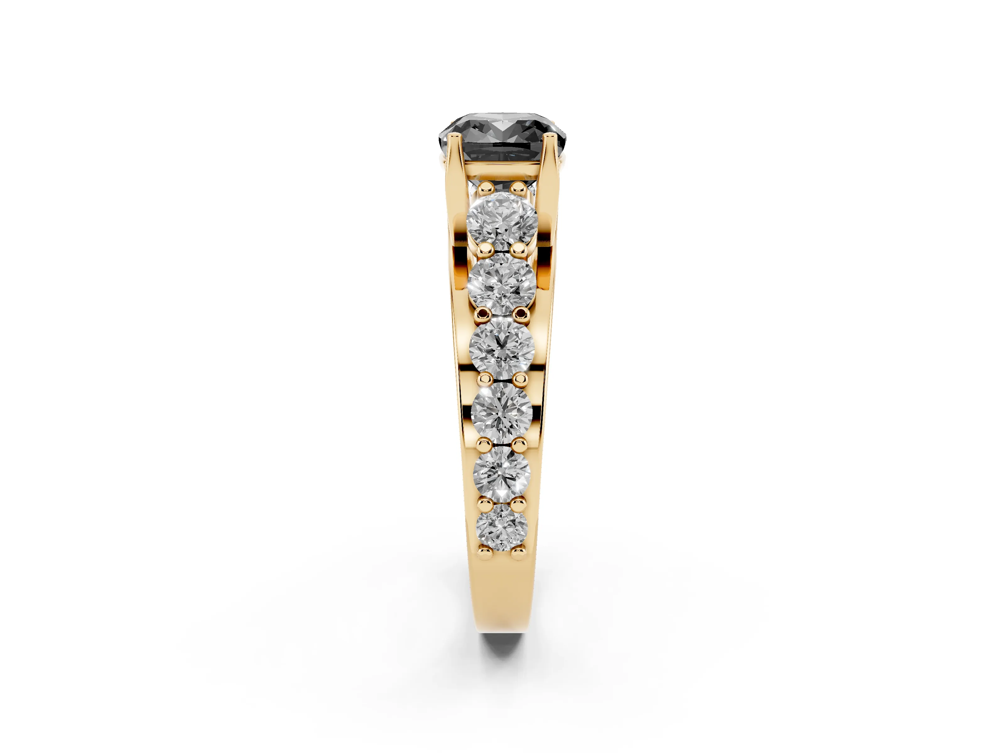 Fancy Black Cushion Cut Diamond Pavé Engagement Ring Set in Yellow gold with Prong Setting
