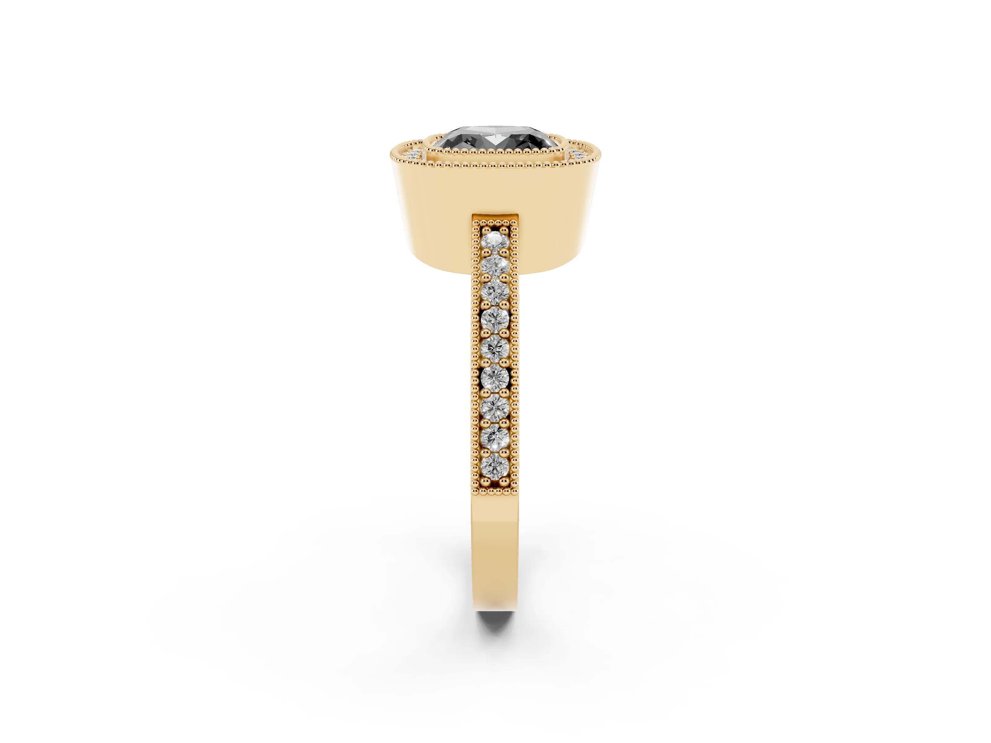 Fancy Black Cushion Cut Diamond Halo Engagement Ring Set in Yellow gold with Pavé Band and Round Halo Stones