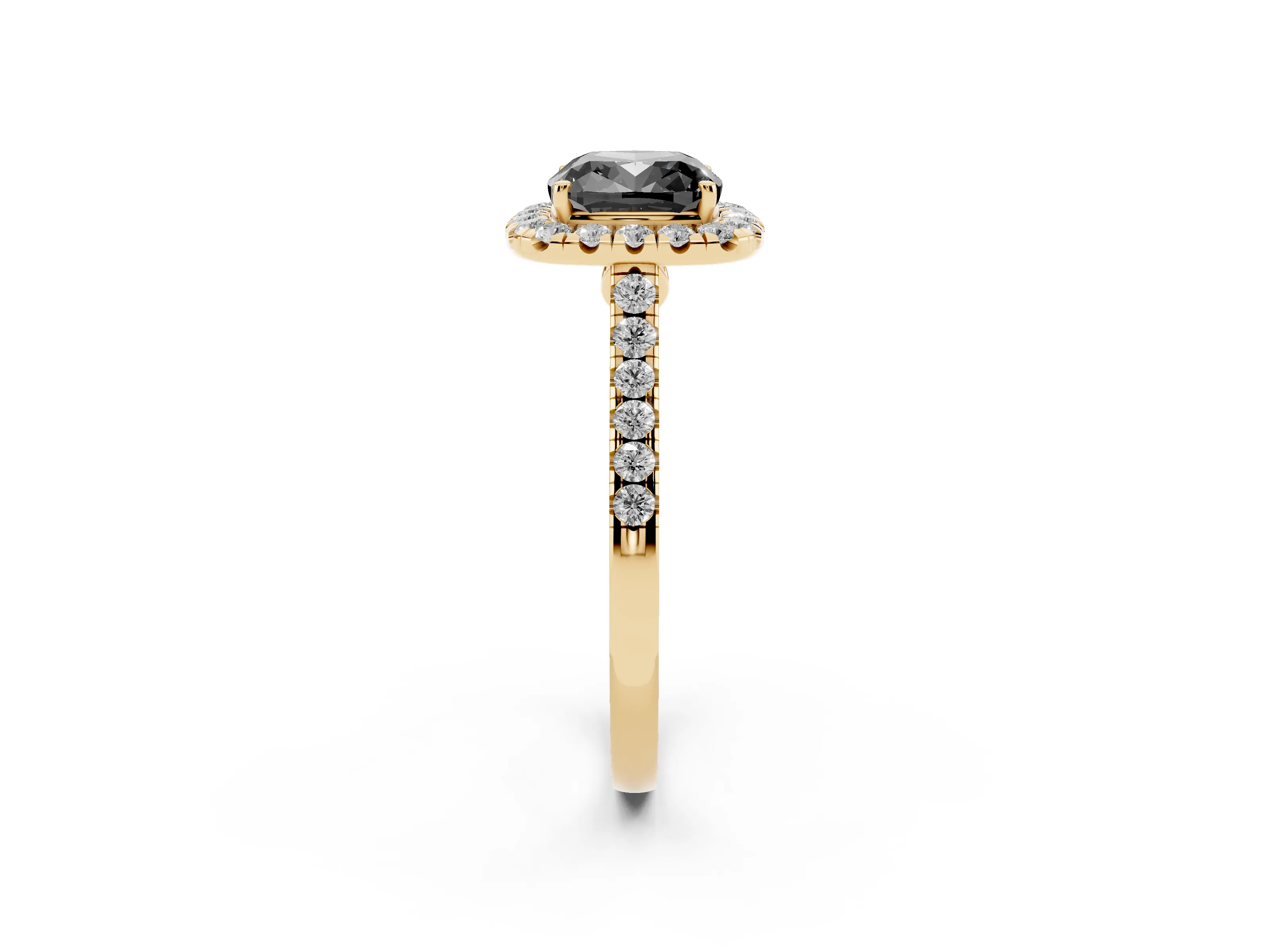 Fancy Black Cushion Cut Diamond Halo Pavé Engagement Ring Set in Yellow gold with Prong Setting