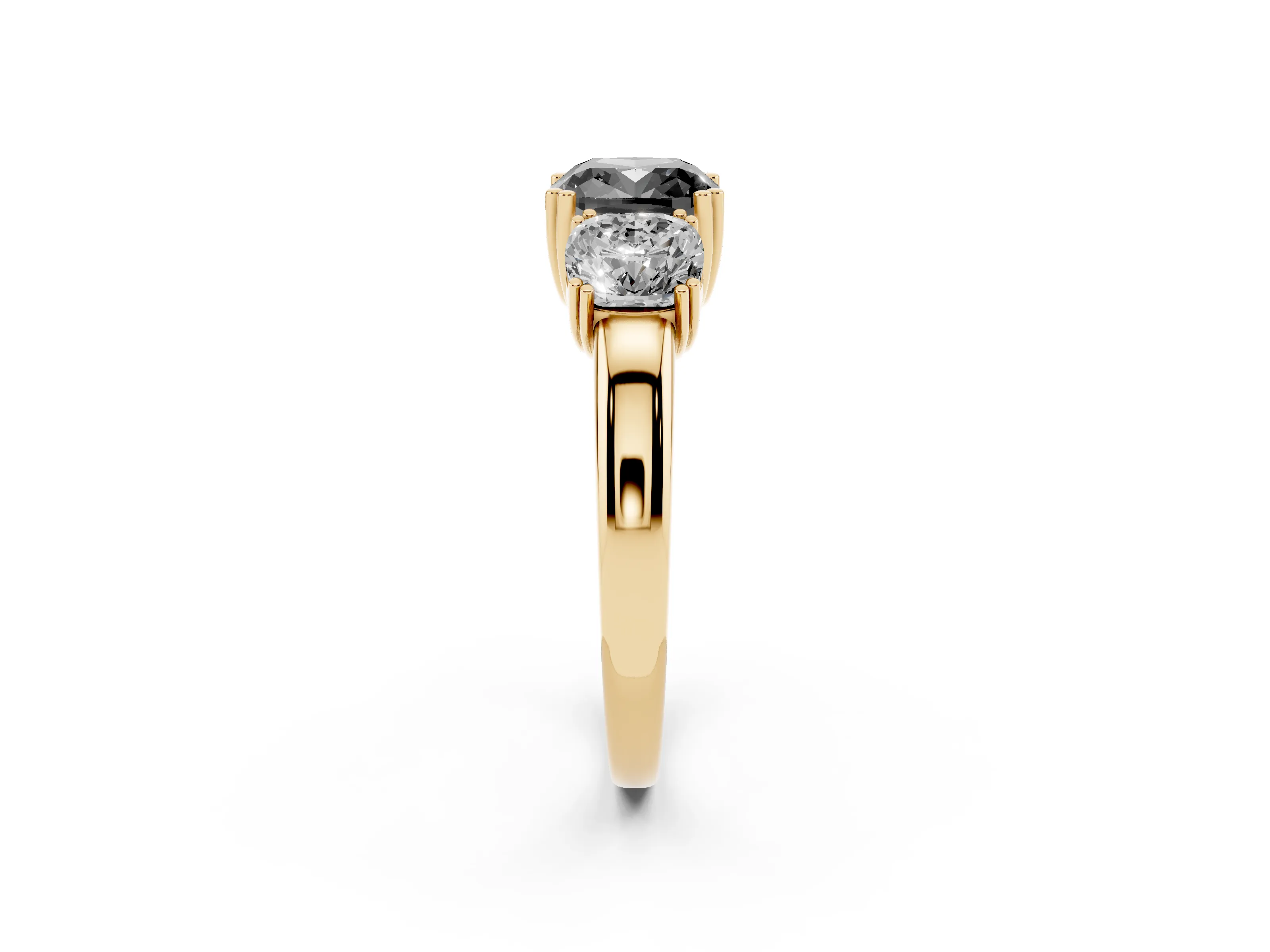 Fancy Black Cushion Cut Diamond Three-Stone Ring Set in Yellow gold with Polished Band and Prong Setting