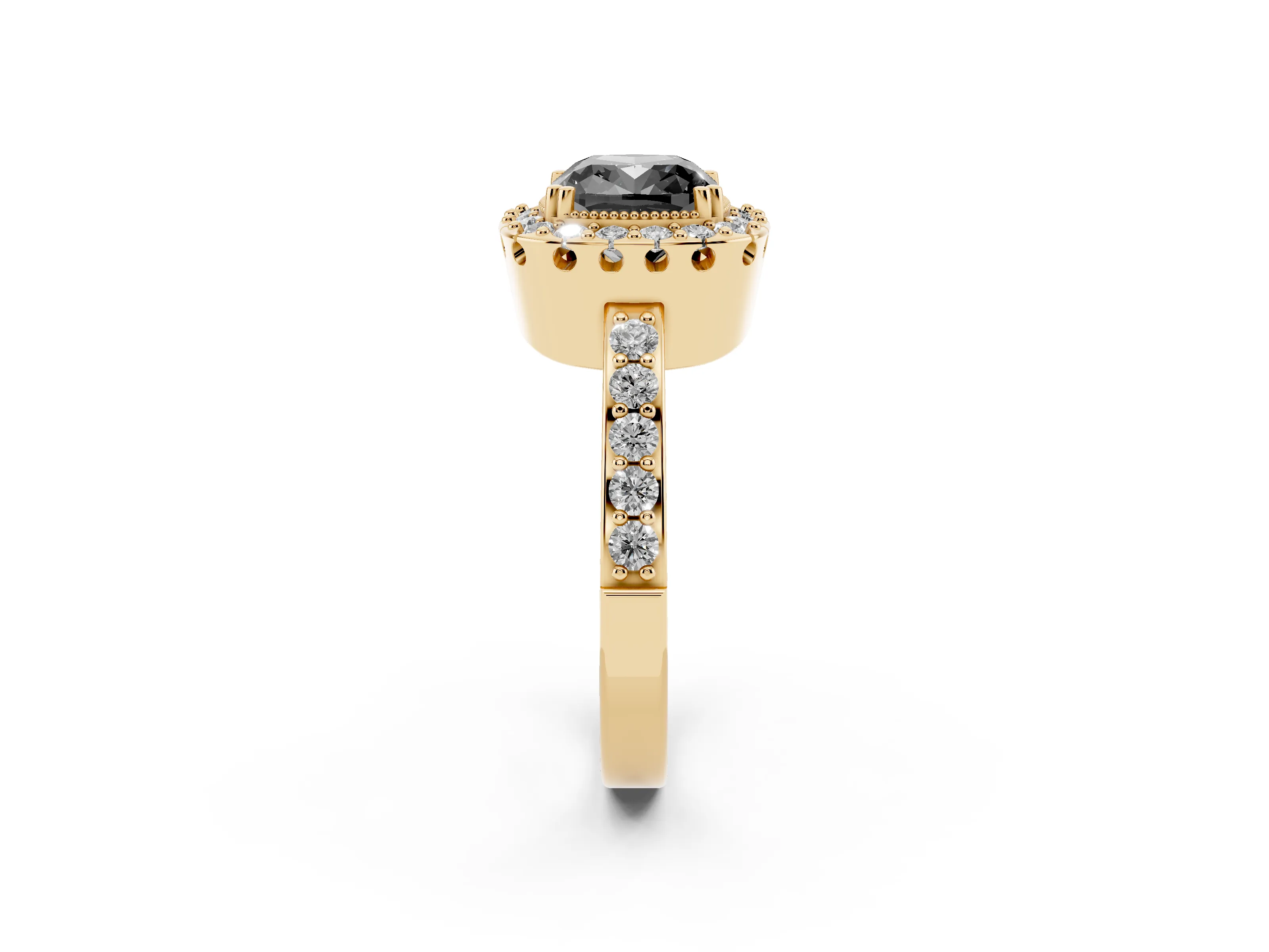 Fancy Black Cushion Cut Diamond Halo Ring Set in Yellow gold with Pavé Shank and Prong Setting