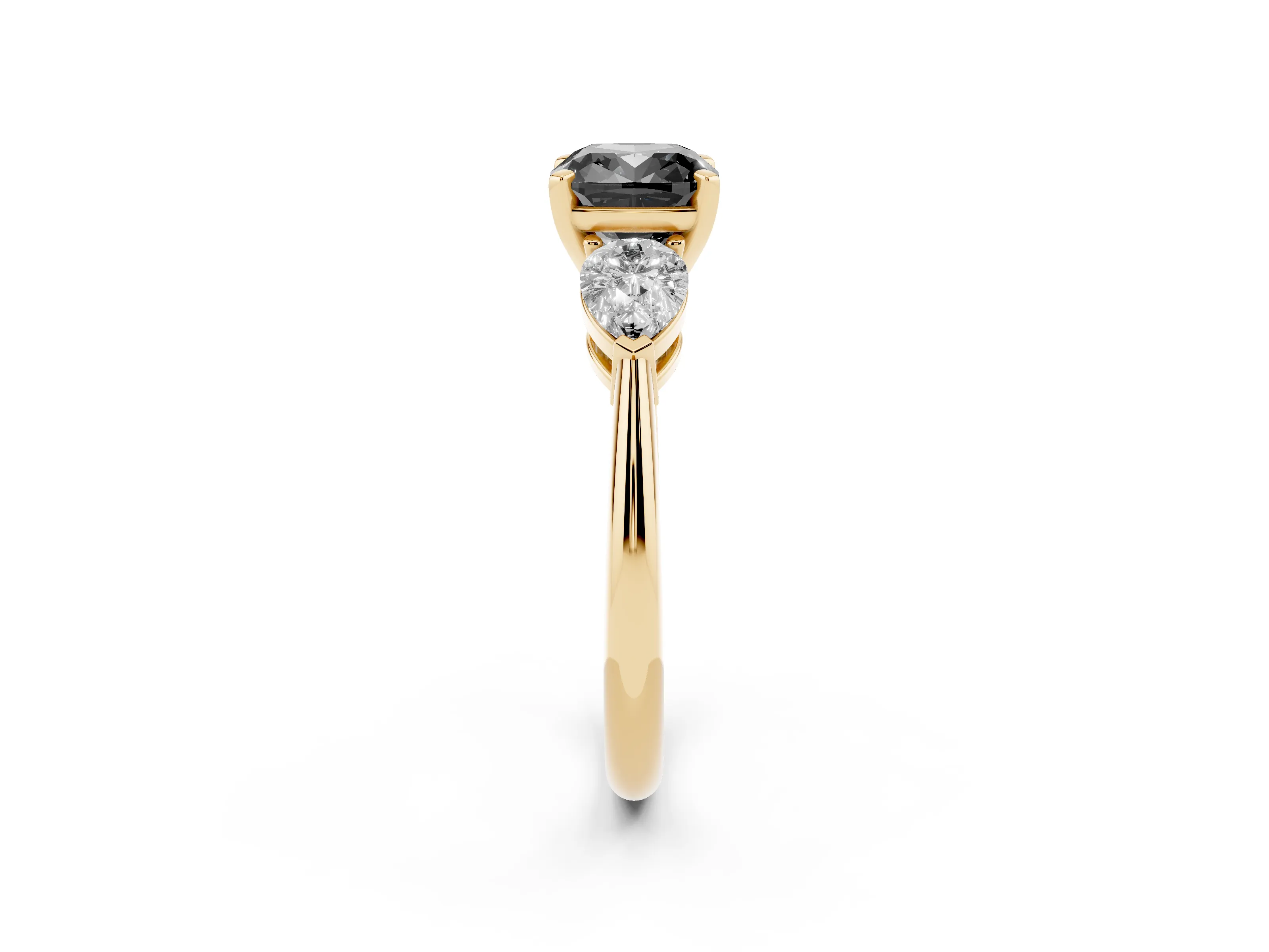 Fancy Black Three-Stone Cushion Cut Diamond Ring Set in Yellow gold with Pear Side Stones and Prong Setting