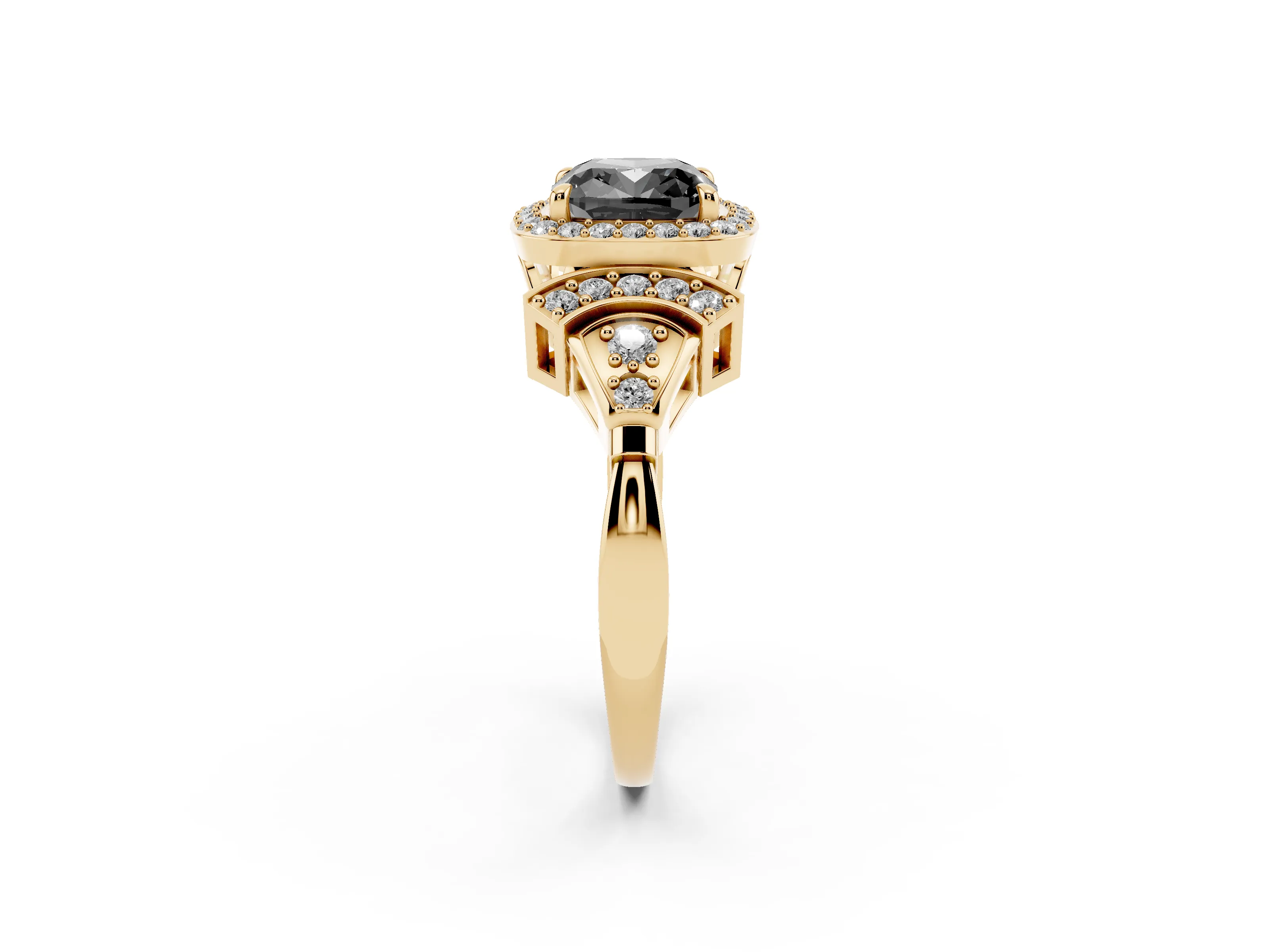 Fancy Black Cushion Cut Diamond Halo Engagement Ring Set in Yellow gold with Accent Stone Split Shank