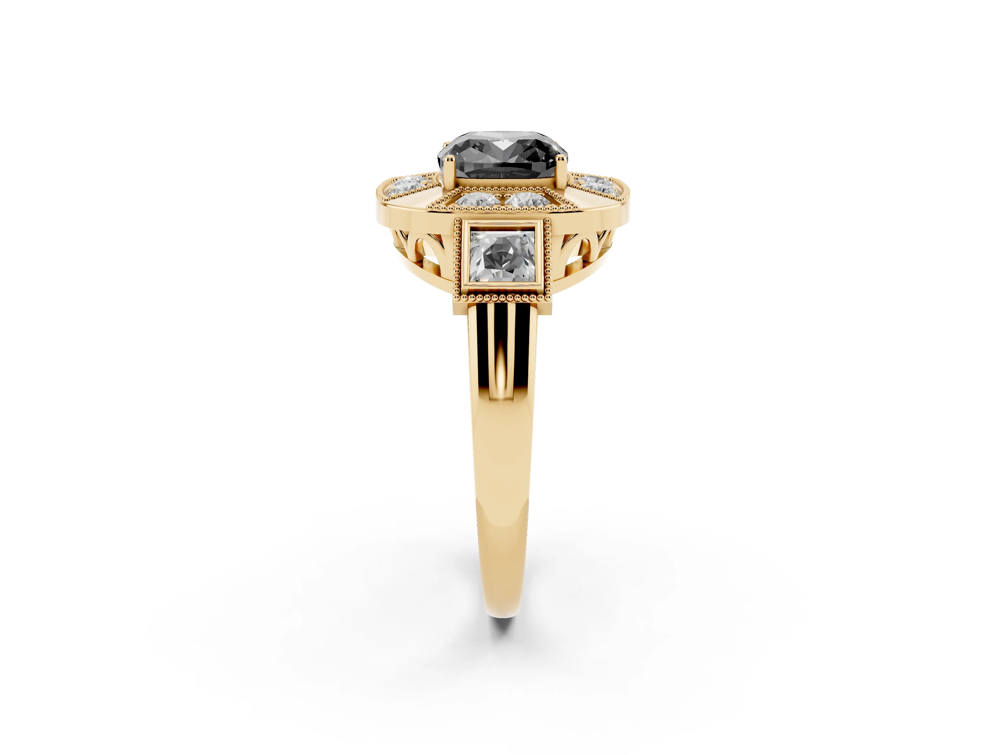 Fancy Black Cushion Cut Diamond Milgrain Halo Ring Set in Yellow gold with Split Shank
