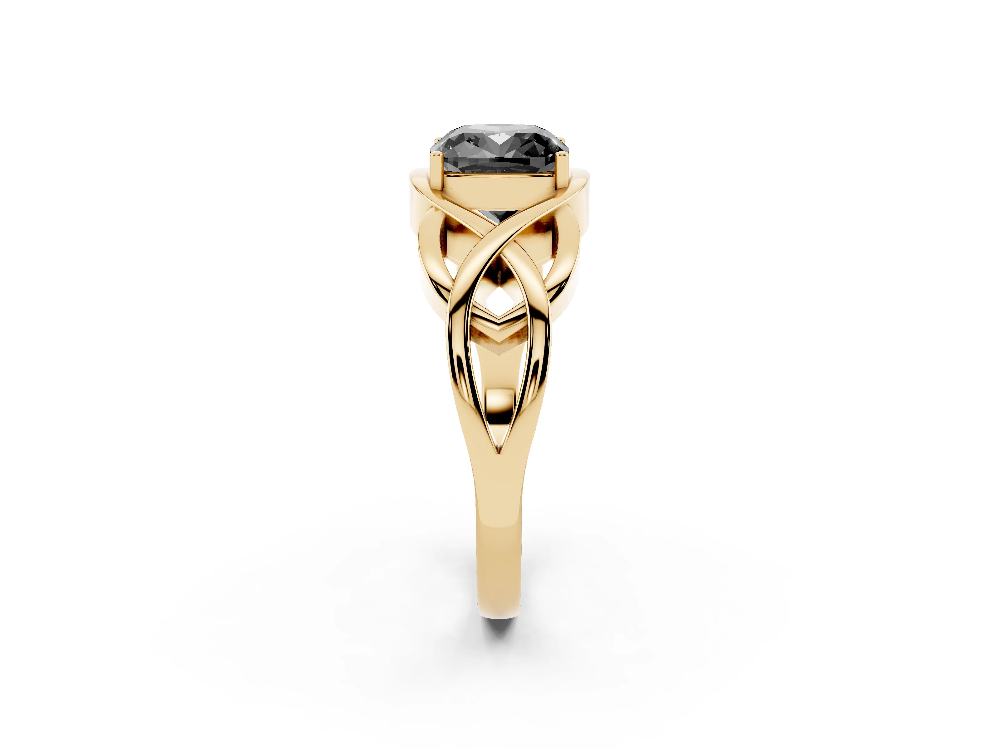 Fancy Black Cushion Cut Diamond Solitaire Ring Set in Yellow gold with Intertwined Band