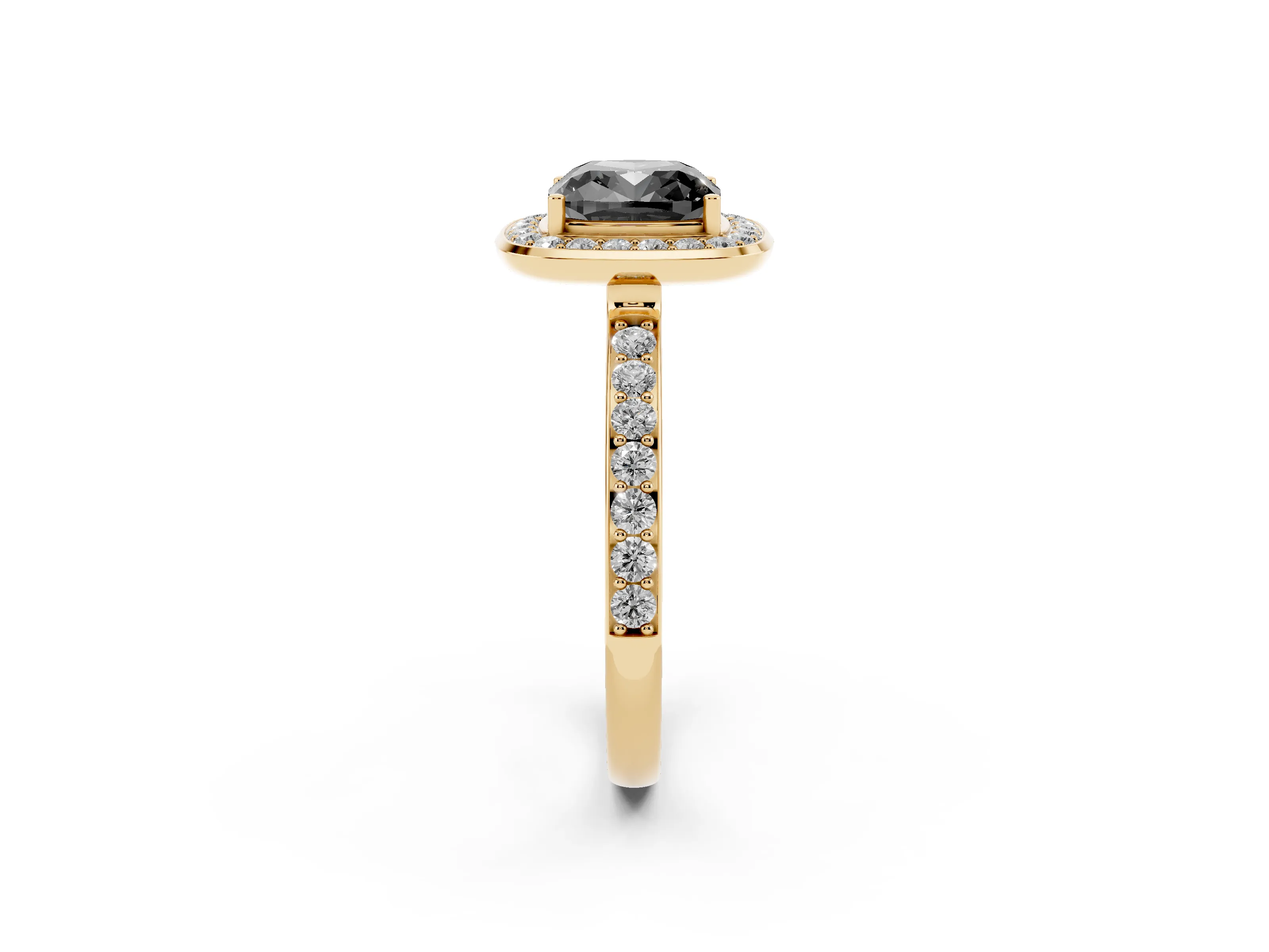 Fancy Black Cushion Cut Diamond Halo Ring Set in Yellow gold with Bezel Frame and Pavé Band