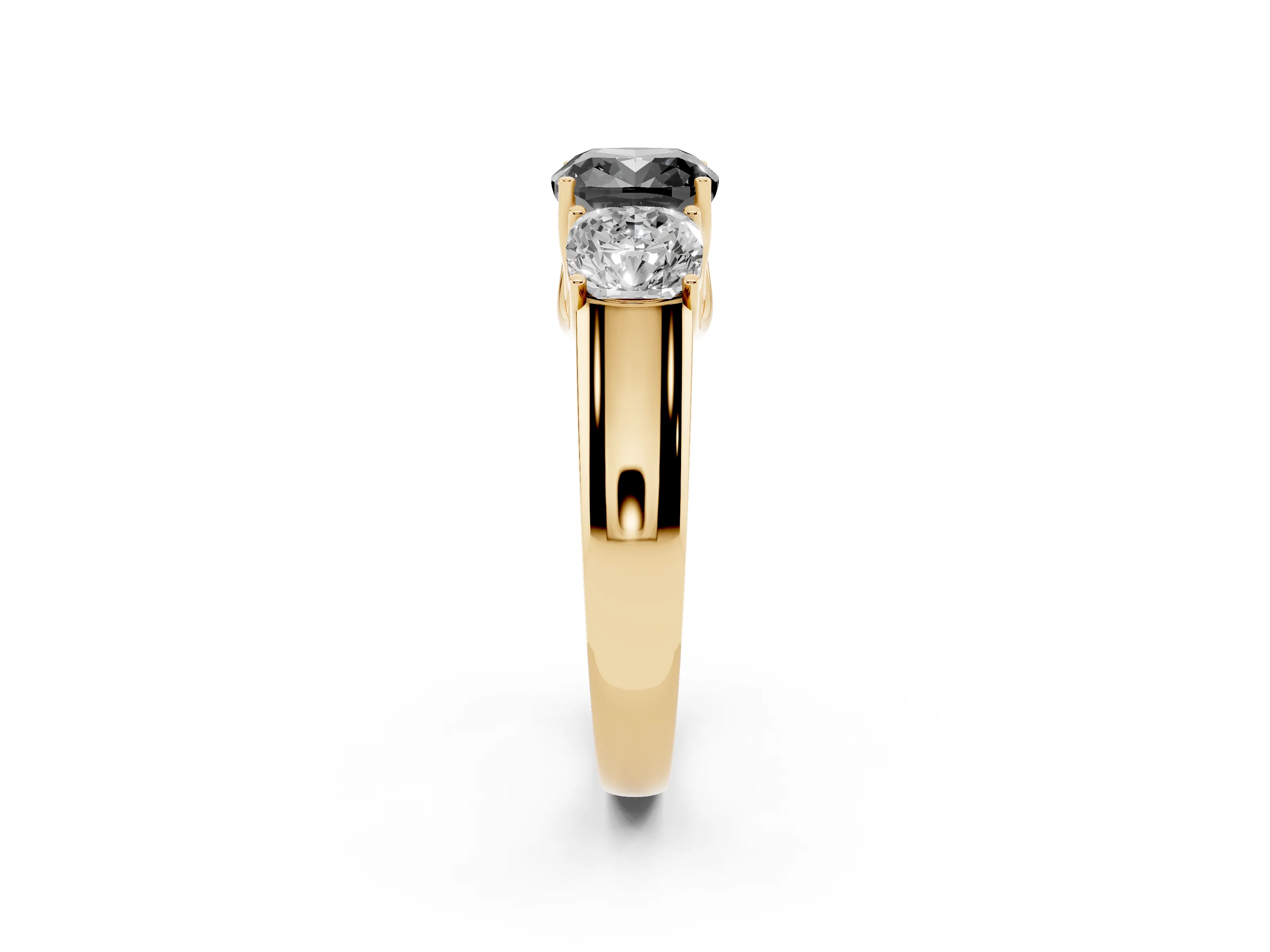 Fancy Black Three-Stone Cushion Cut Diamond Ring Set in Yellow gold with Matching Prong Settings and Plain Band