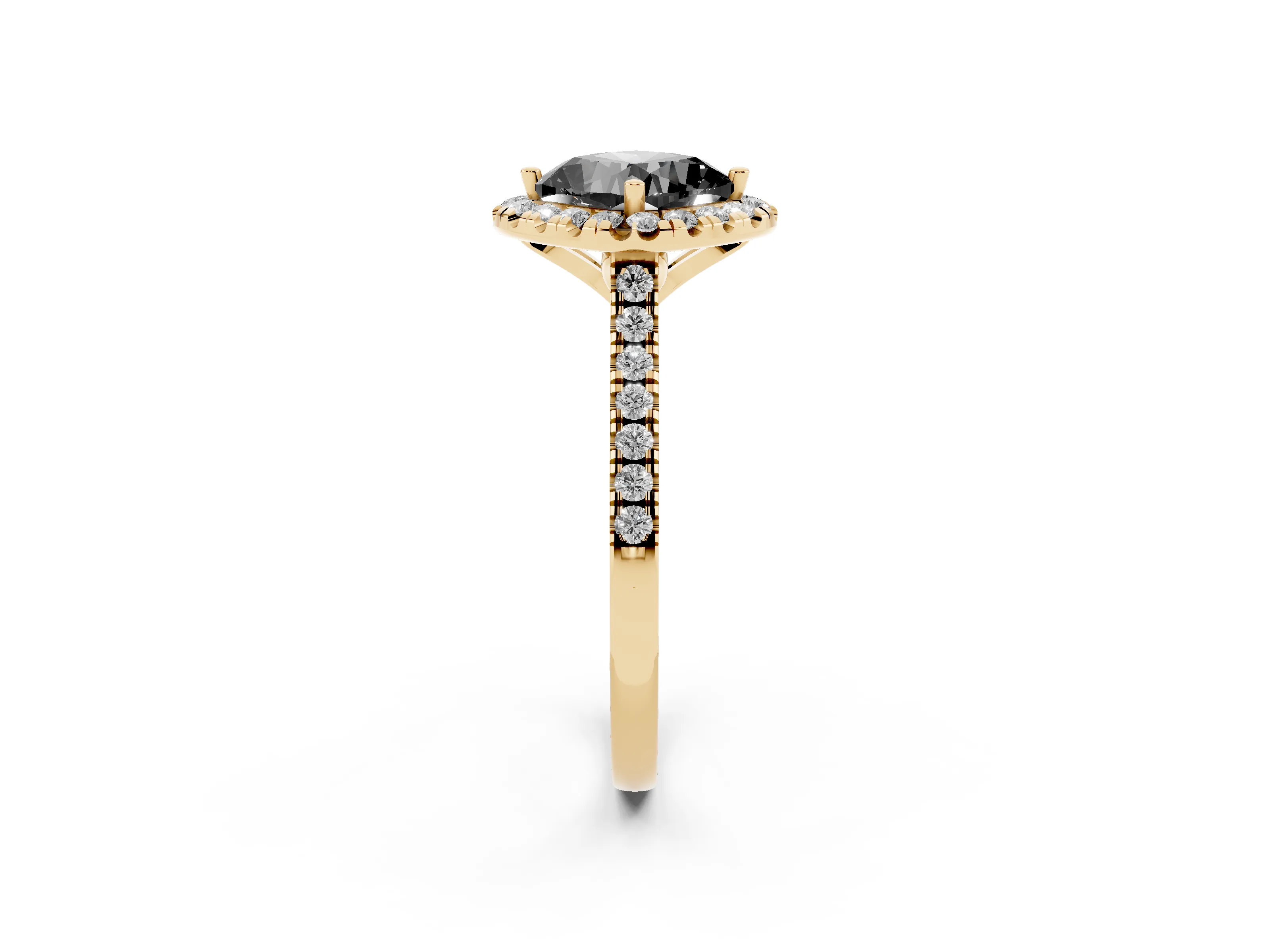 Fancy Black Cushion Cut Diamond Cushion Halo Ring Set in Yellow gold with Pavé Band