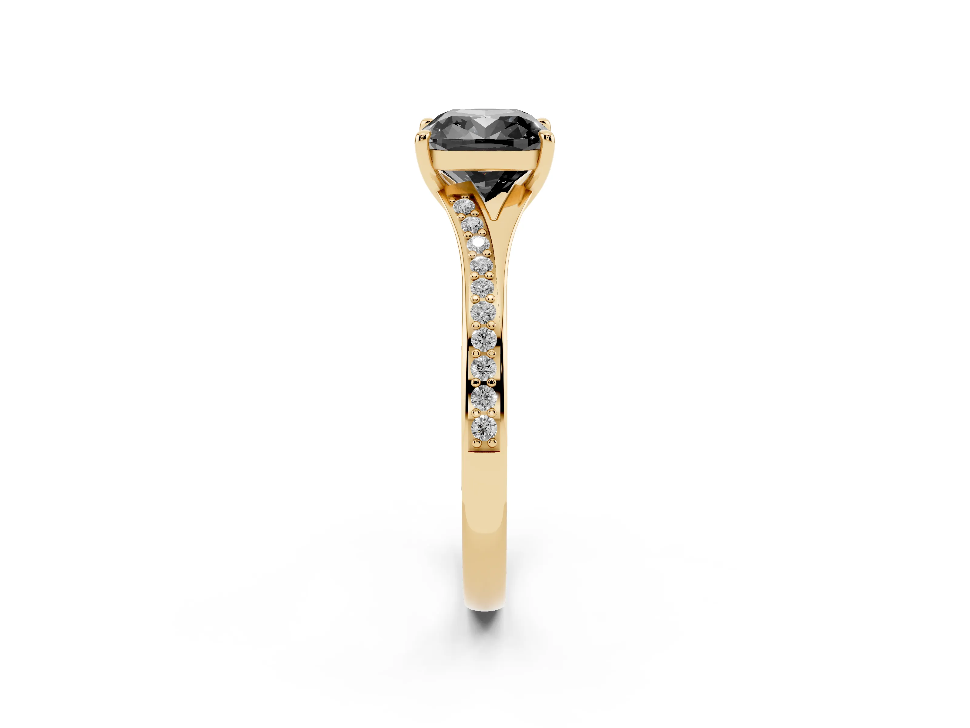 Fancy Black Cushion Cut Diamond Solitaire Ring Set in Yellow gold with Pavé Accent Band and Classic Prong Setting