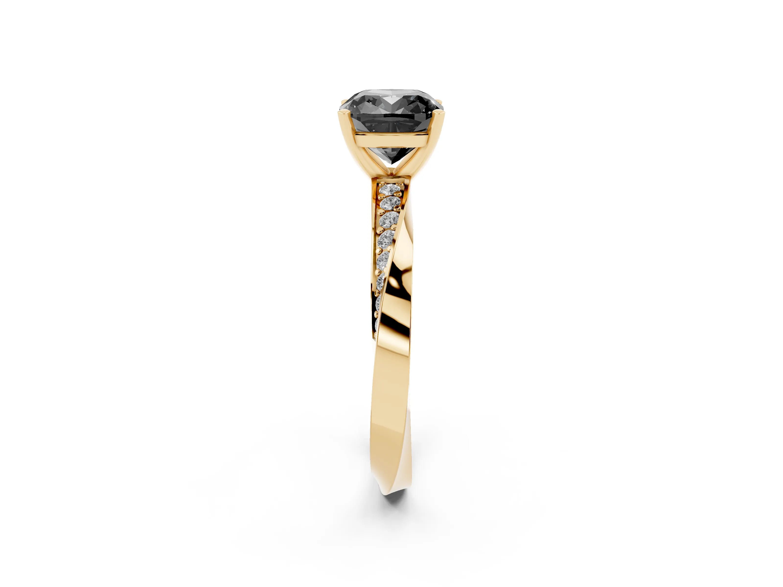 Fancy Black Cushion Cut Diamond Engagement Ring Set in Yellow gold with Side Stone Accents and Prong Setting