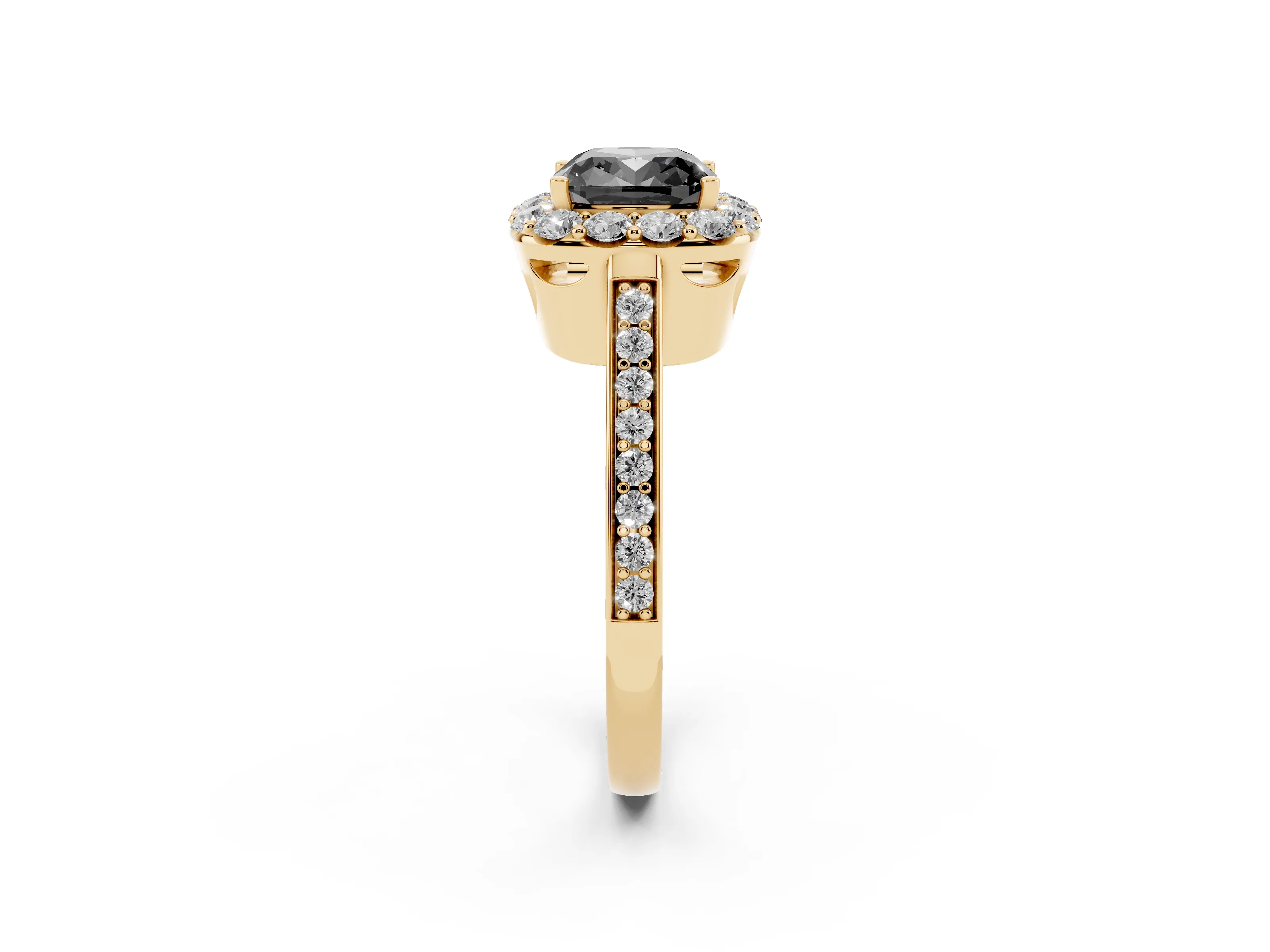 Fancy Black Cushion Cut Diamond Floral Halo Ring Set in Yellow gold with Pavé Band and Prong Setting