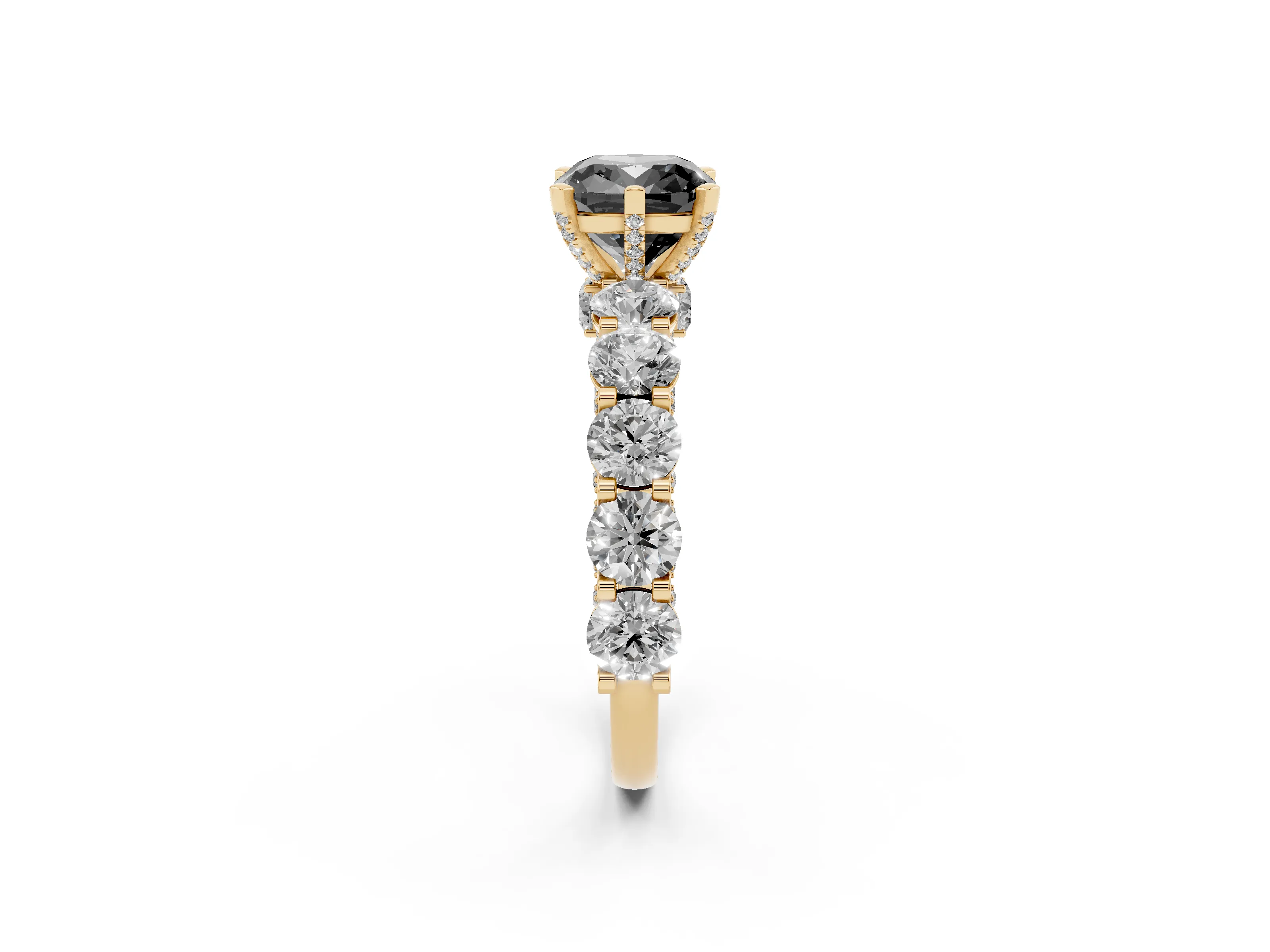 Fancy Black Cushion Cut Diamond Side Stone Ring Set in Yellow gold with Alternating Round and Oval Side Stones