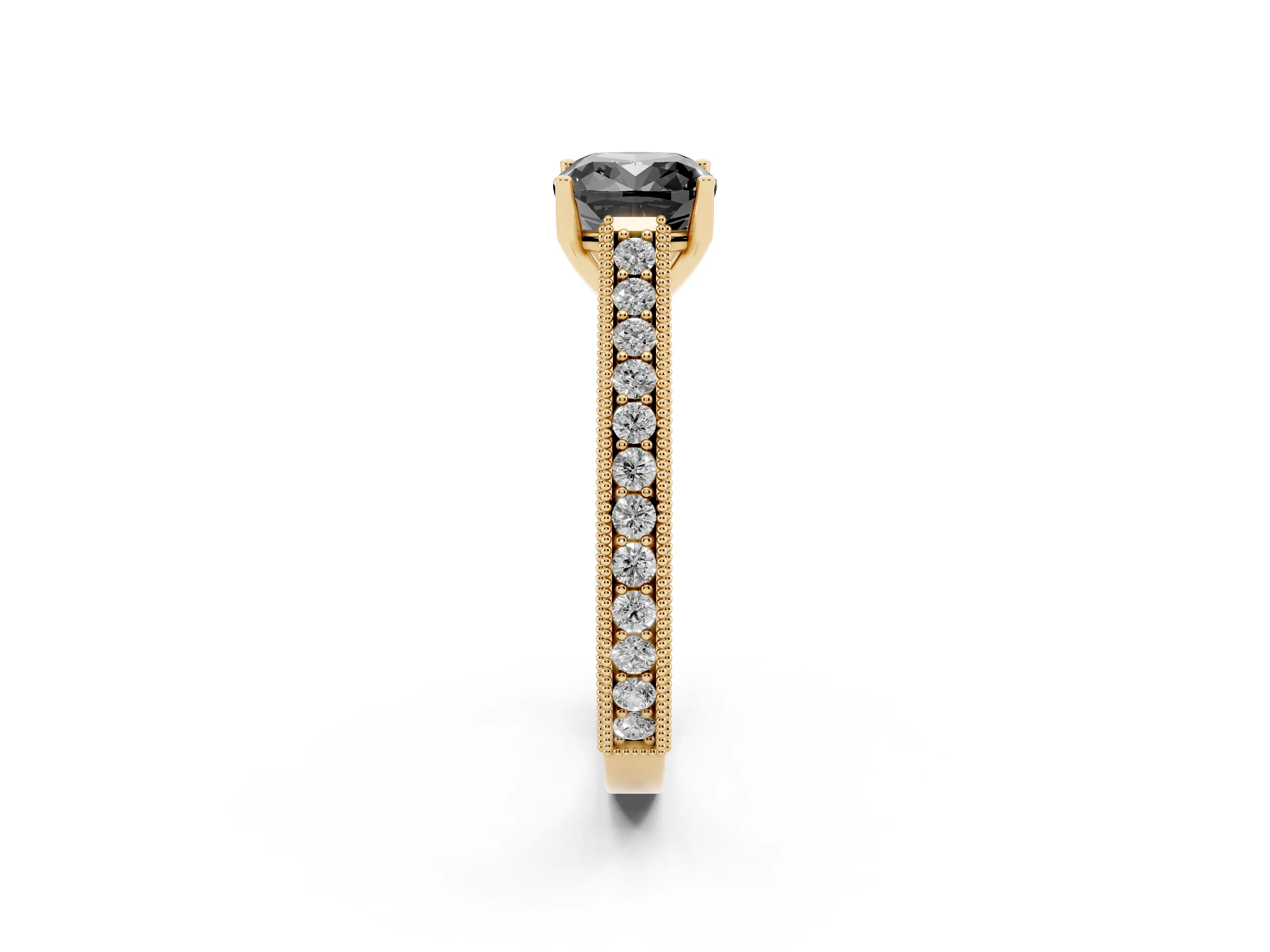 Fancy Black Cushion Cut Diamond Milgrain Pavé Band Solitaire Ring Set in Yellow gold with Prong Setting
