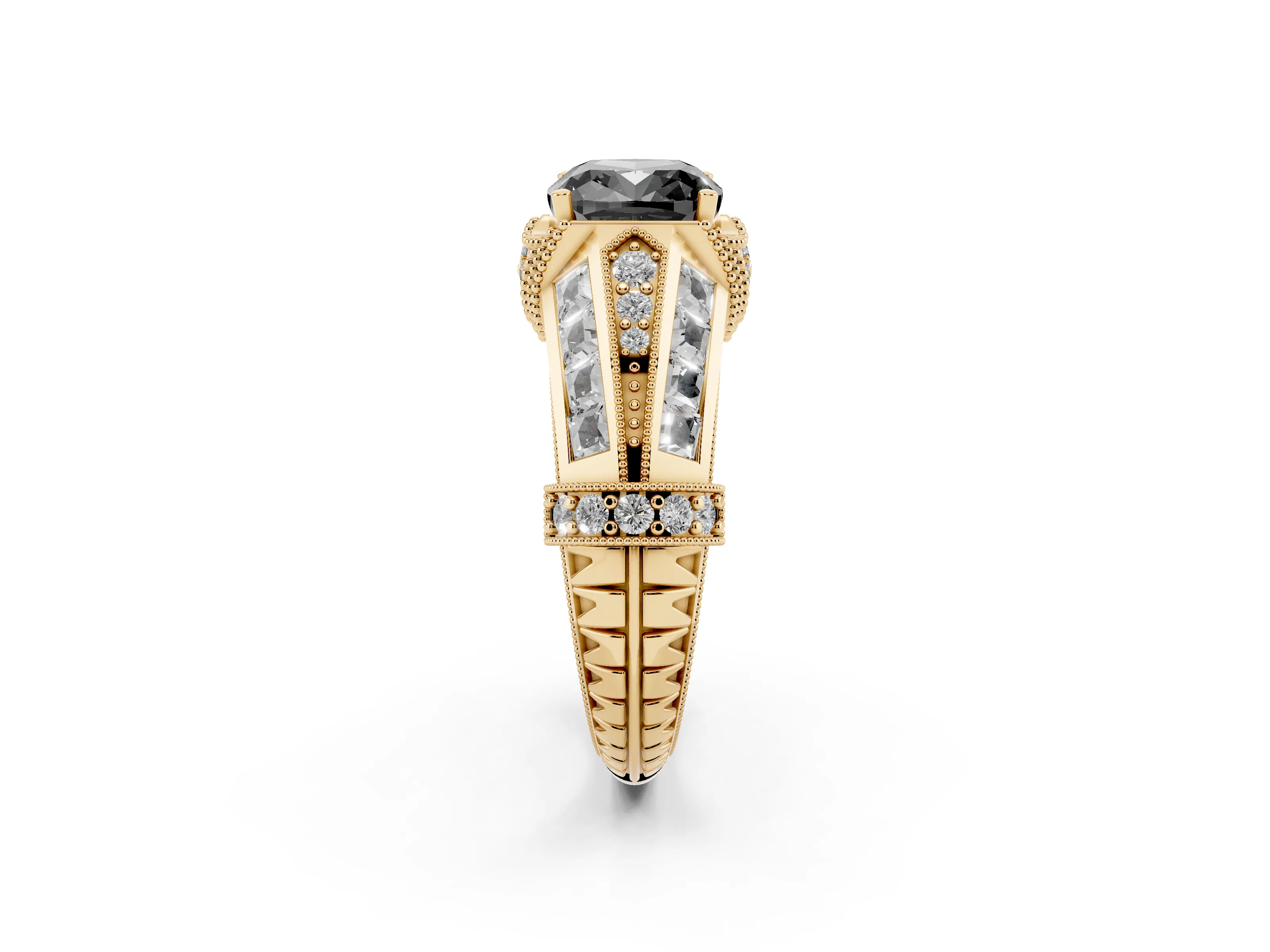 Fancy Black Cushion Cut Diamond Vintage-Inspired Milgrain Ring Set in Yellow gold with Accent Split Shank