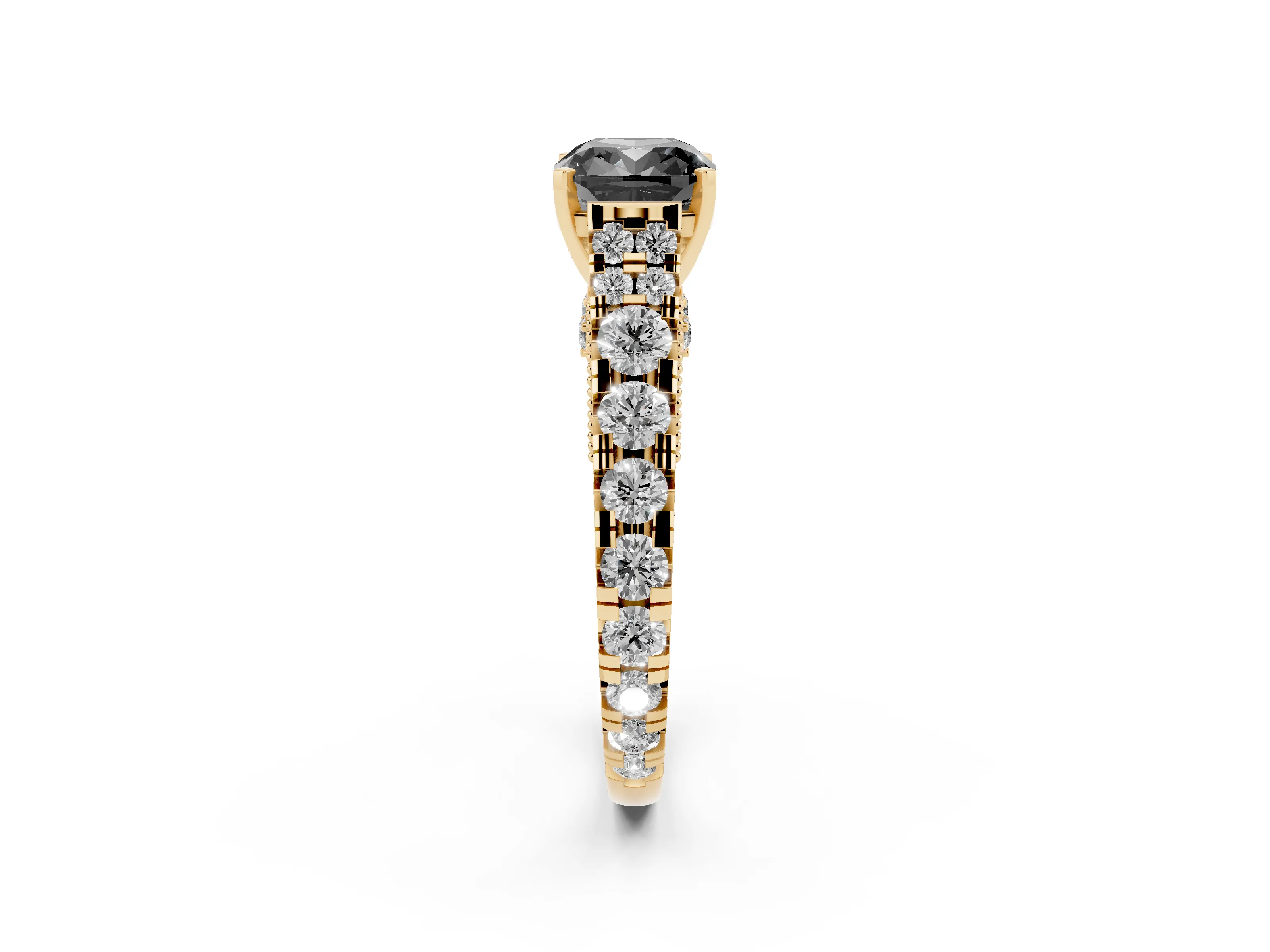 Fancy Black Cushion Cut Diamond Classic Solitaire Ring Set in Yellow gold with Pavé Band and Prong Setting