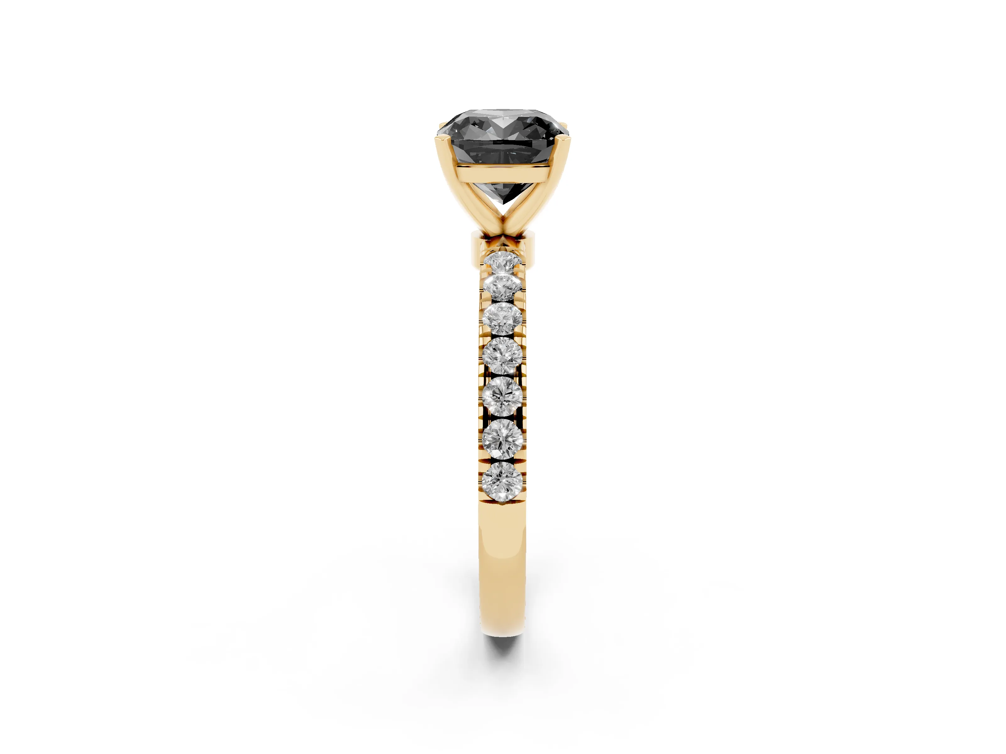 Fancy Black Cushion Cut Diamond Solitaire Ring Set in Yellow gold with Pavé Accents and Prong Setting